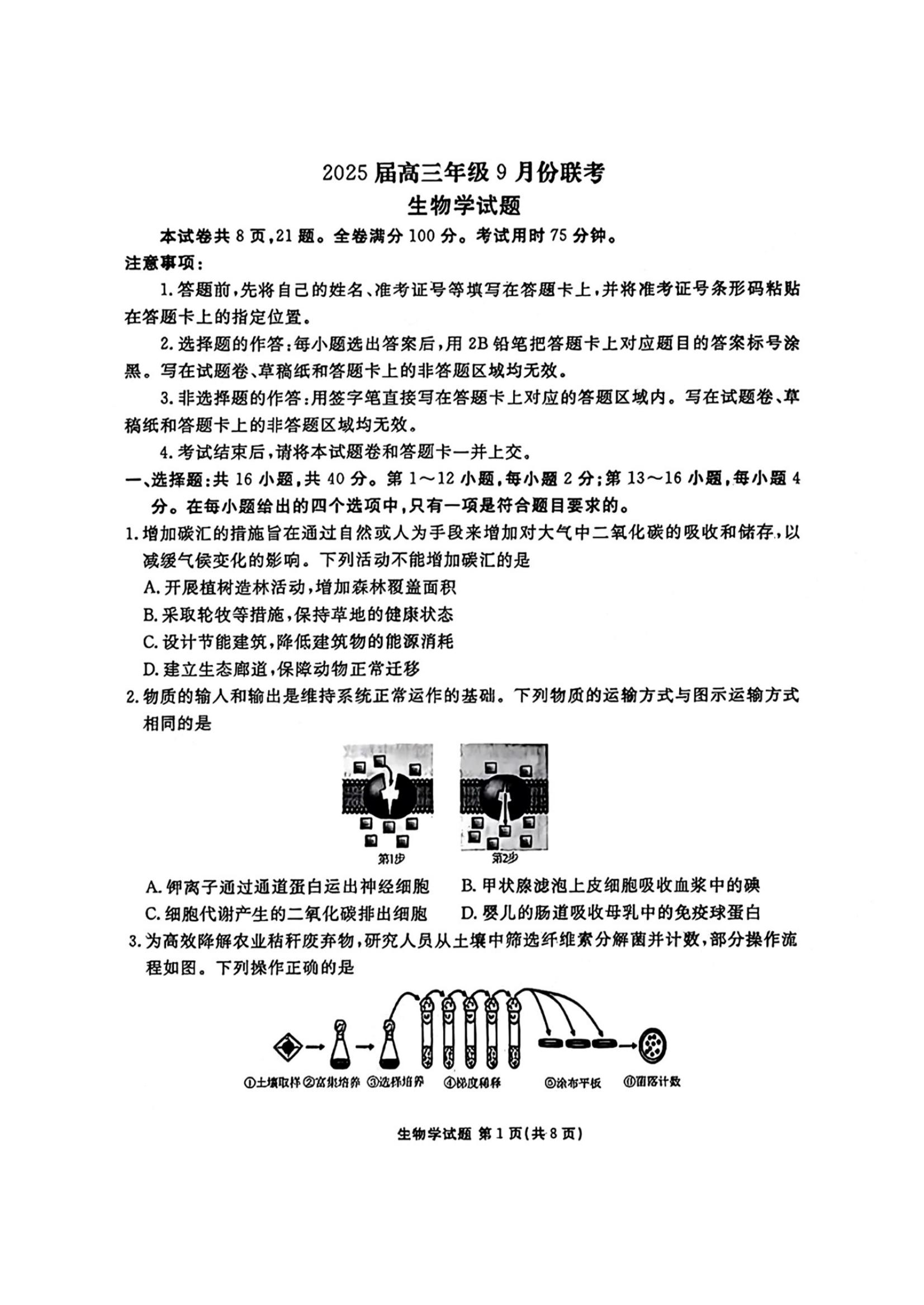 广东2025届高三衡水金卷9月大联考生物试题及答案