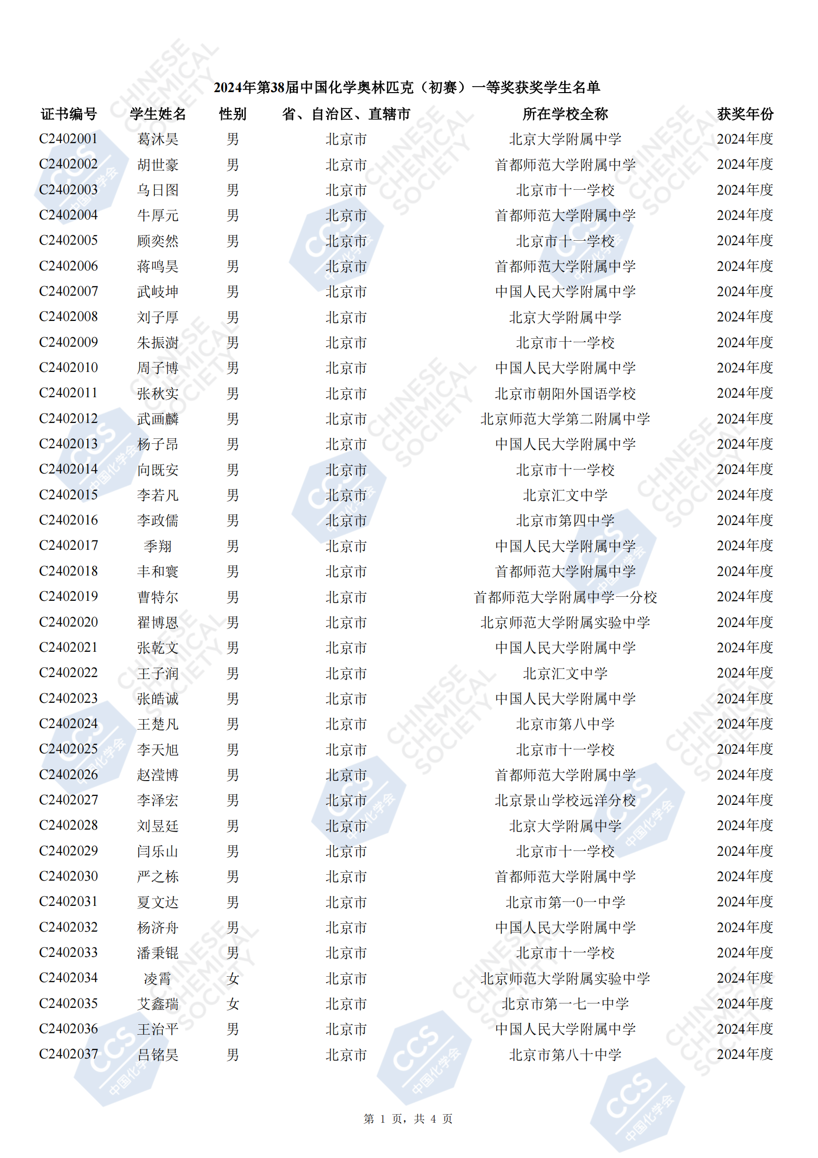 北京2024第38届全国中学生化学竞赛初赛省一获奖名单