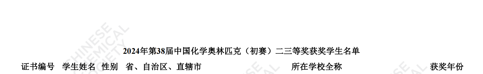 四川省2024年第38届化学竞赛初赛省三获奖名单公布