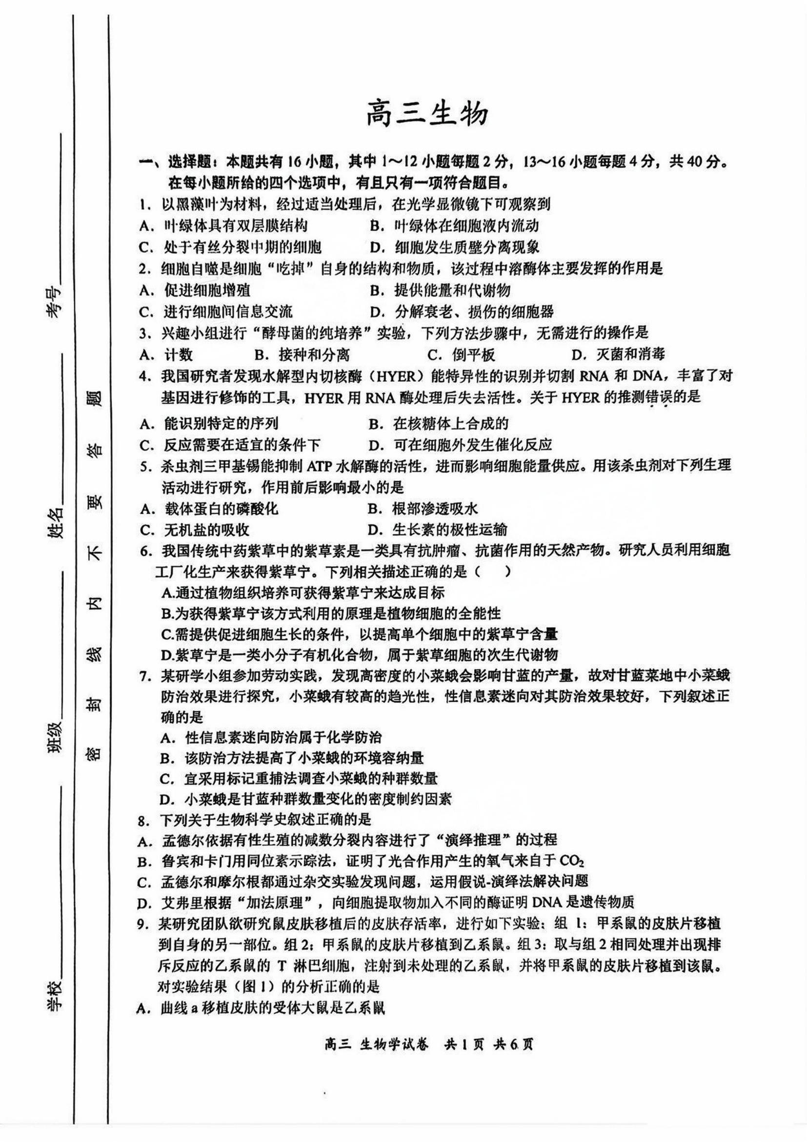 广东金太阳2025届高三10月联考生物试题及答案