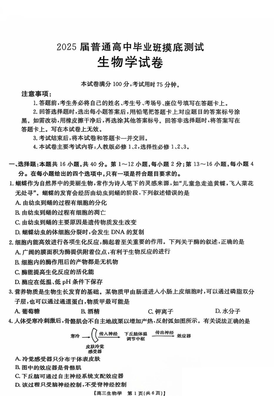 广西七市2025届普通高中毕业班摸底测试生物试题答案