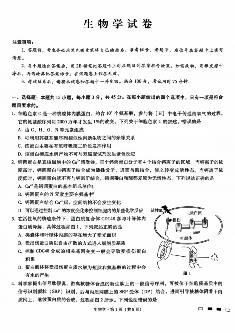 2024年重庆巴蜀中学2025届高考适应性月考卷（二）生物试题及答案