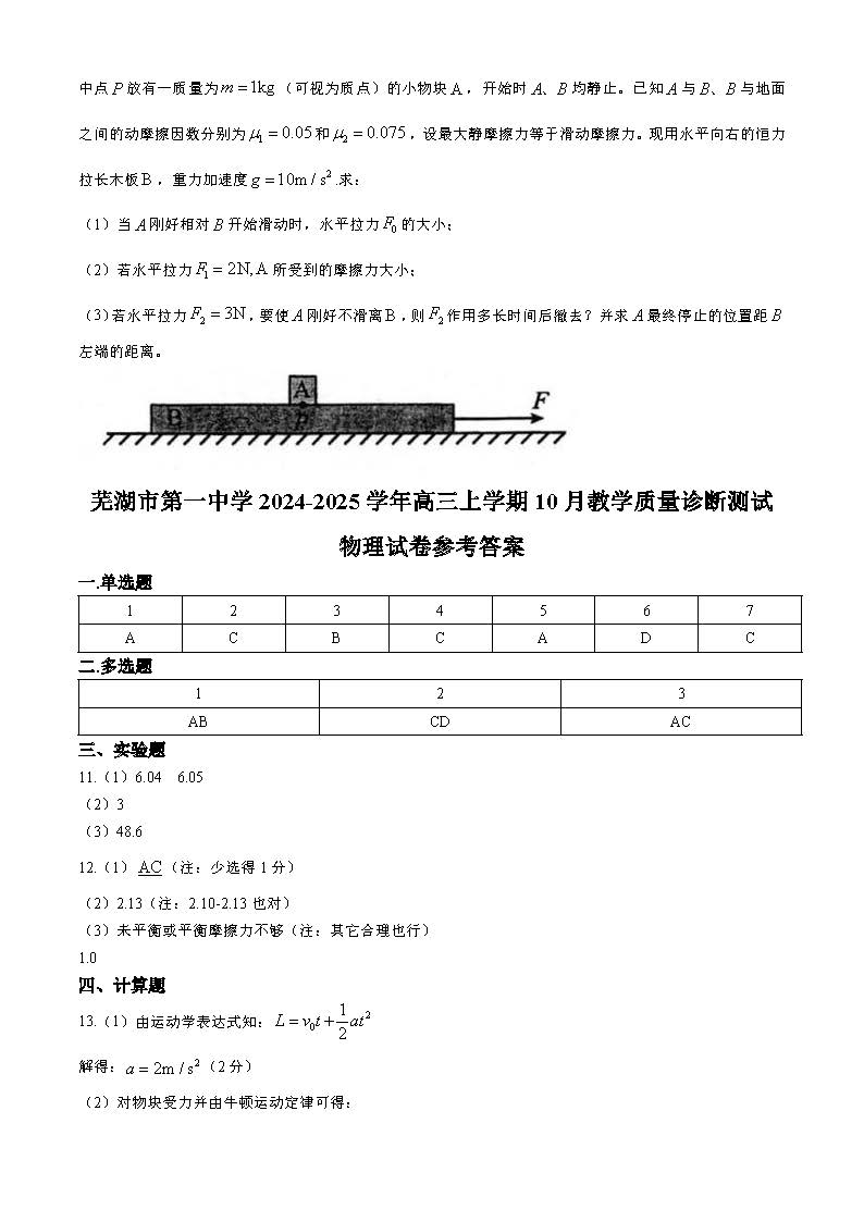 安徽省芜湖一中2025届高三10月质量诊断测试物理试题和答案