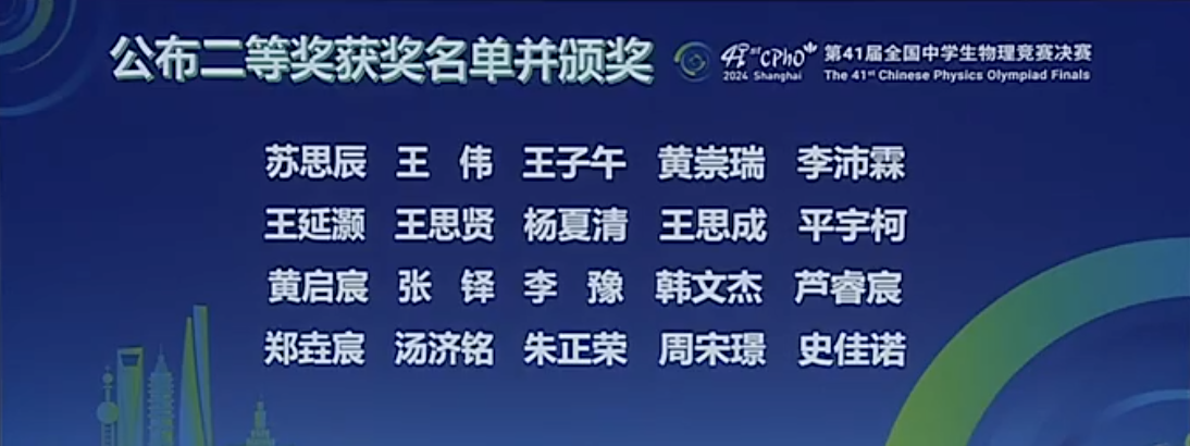 2024年第41届全国中学生物理竞赛决赛银牌获奖名单