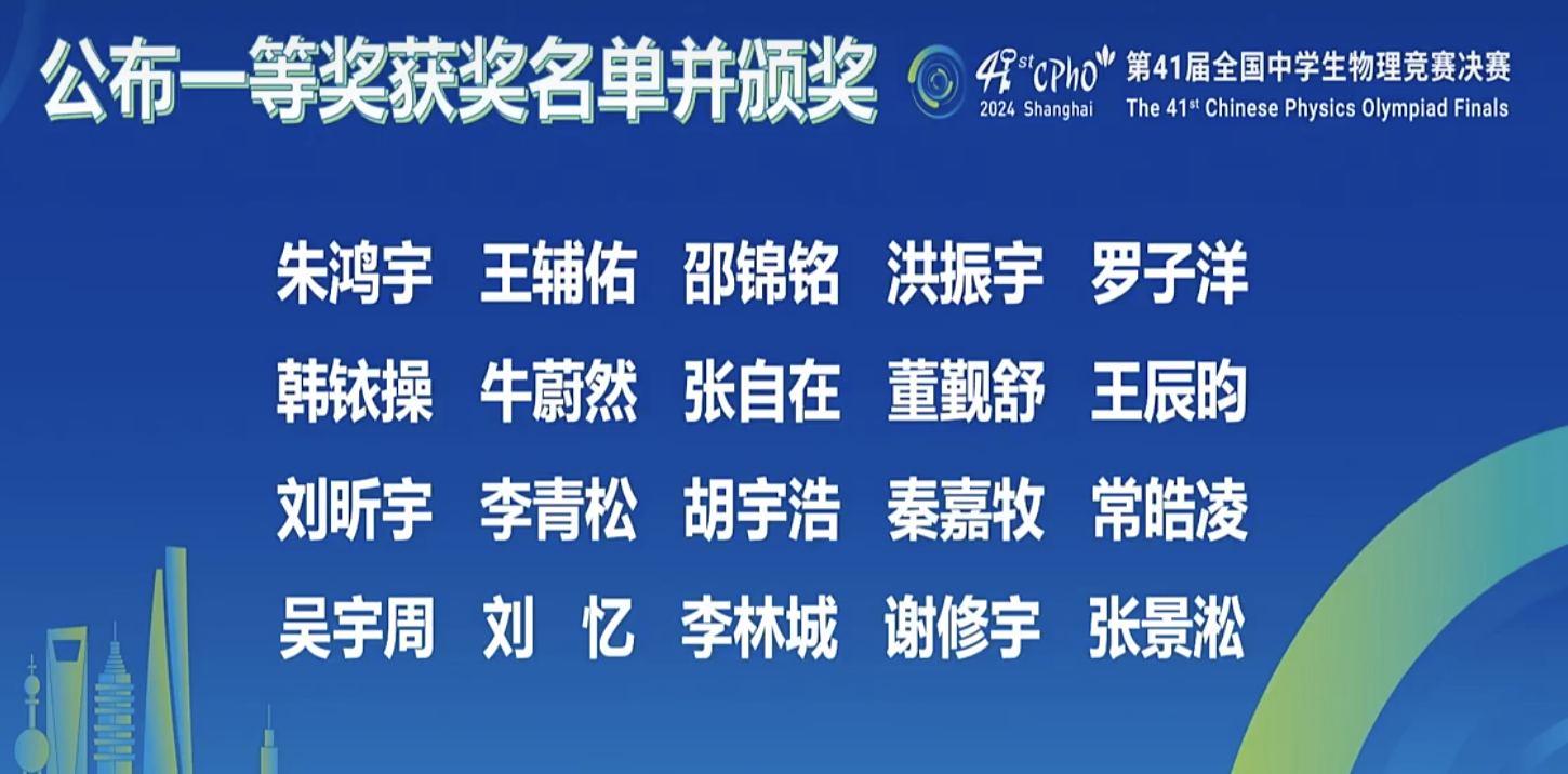 2024年第41届全国中学生物理竞赛决赛金牌获奖名单