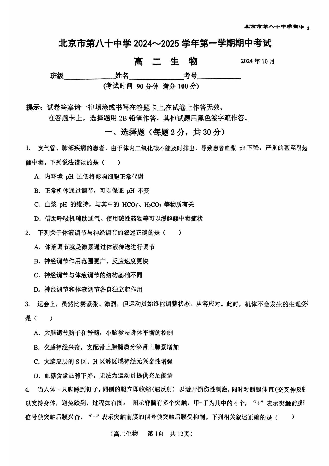 北京八十中2024-2025学年高二上期中考试生物试题答案下载