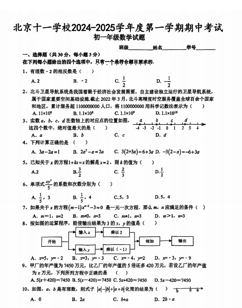 2024北京十一学校初一（上）期中数学试卷