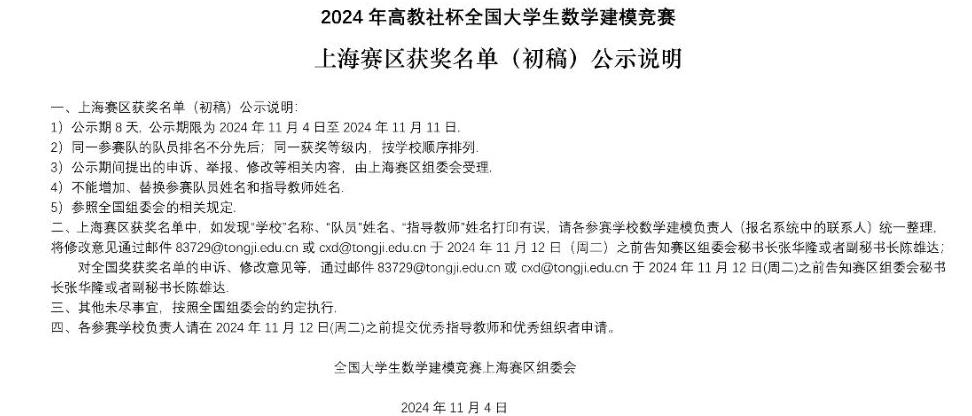 2024年全国大学生数学建模竞赛上海赛区获奖名单公布