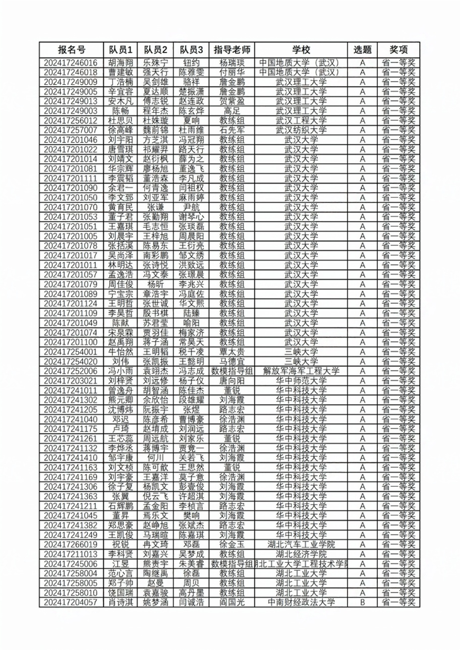 2024年全国大学生数学建模竞赛湖北赛区获奖名单公布