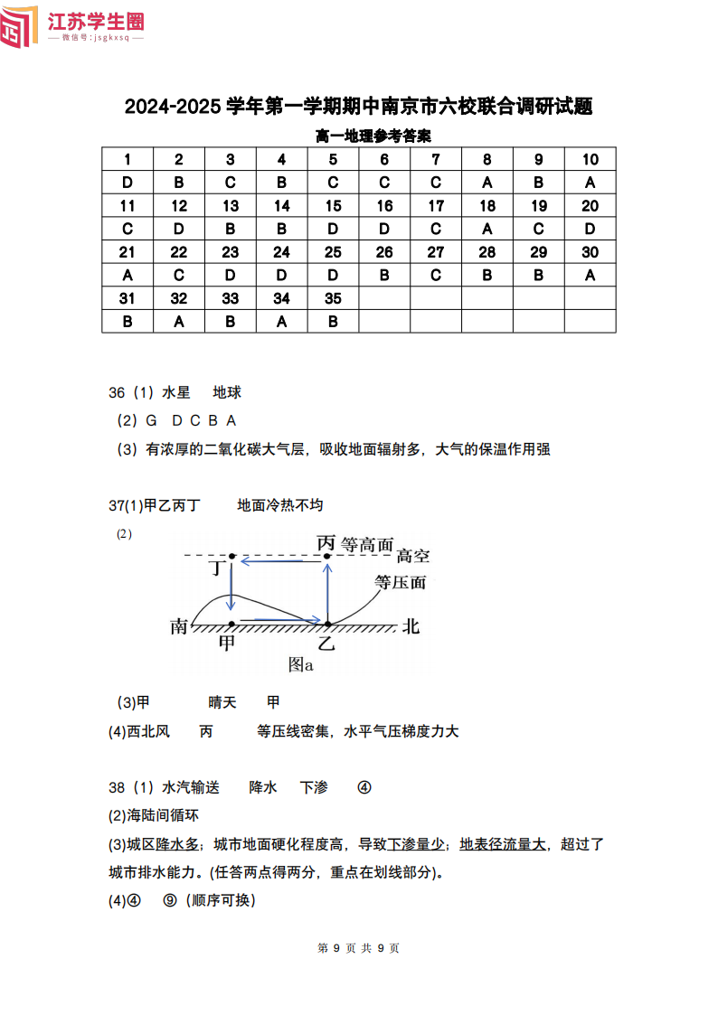 2024年10月南京六校高一上学期期中联考地理答案