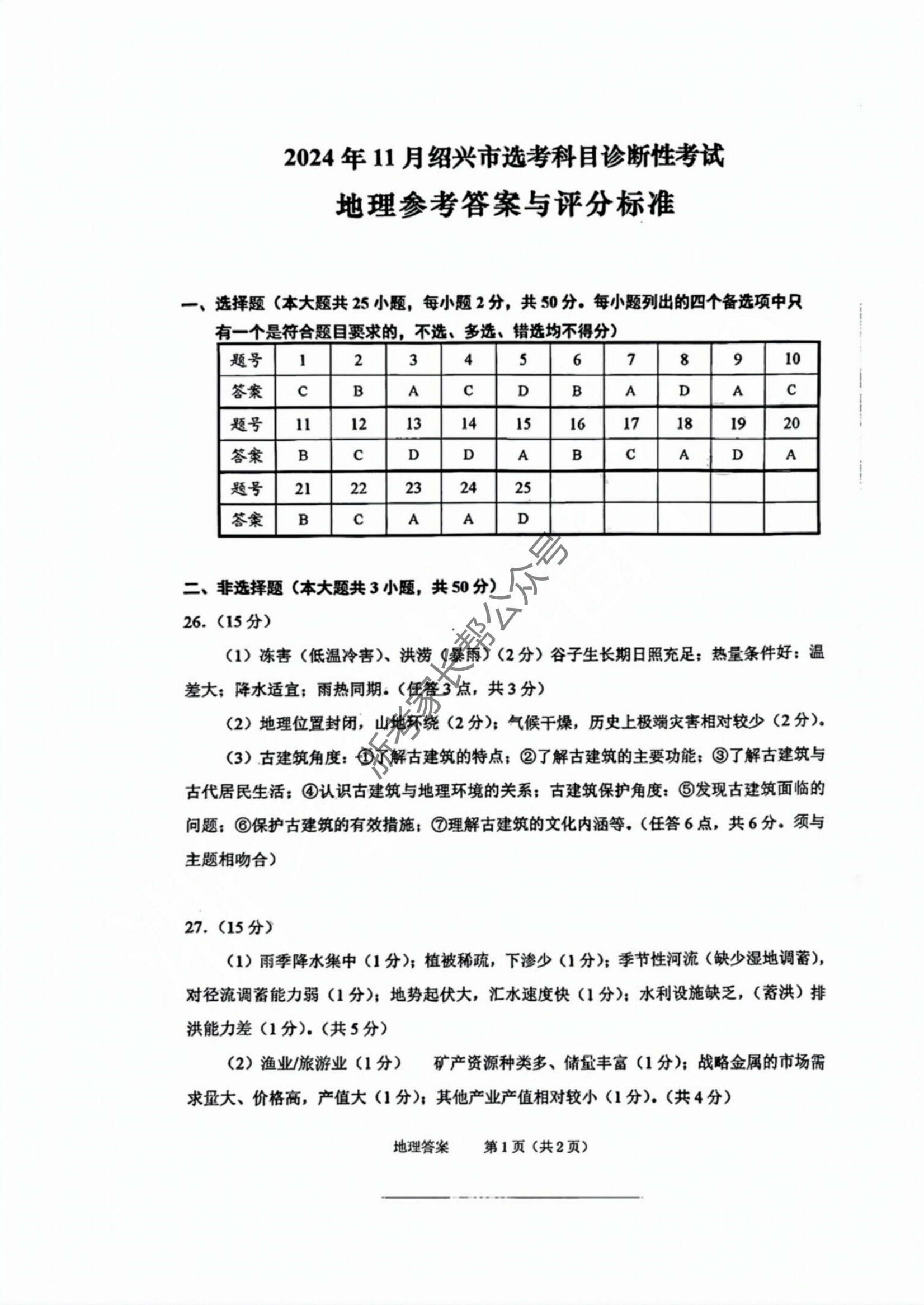 浙江省2025届高三绍兴一模地理试题及答案