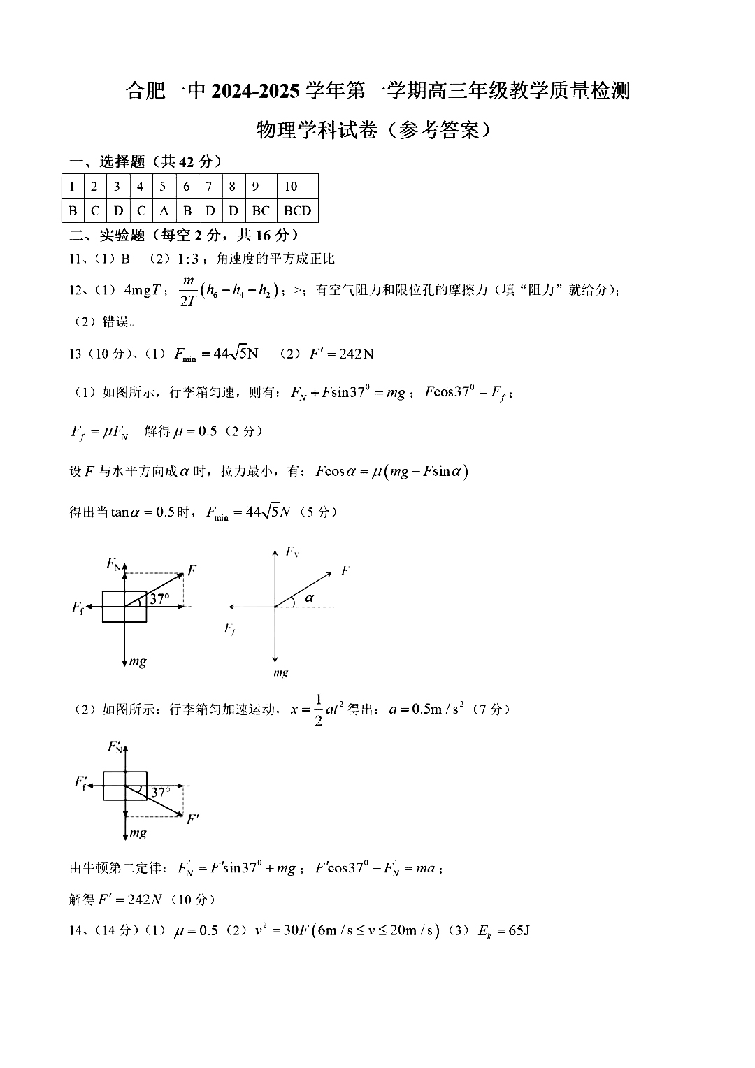 合肥一中2025届高三11月月考物理试题和答案