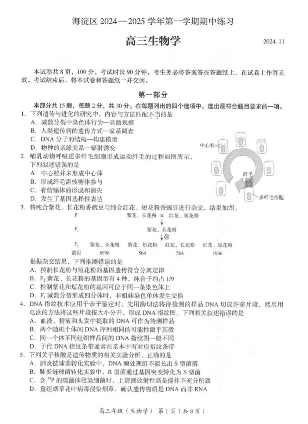 北京海淀2025届高三期中考生物试题及答案