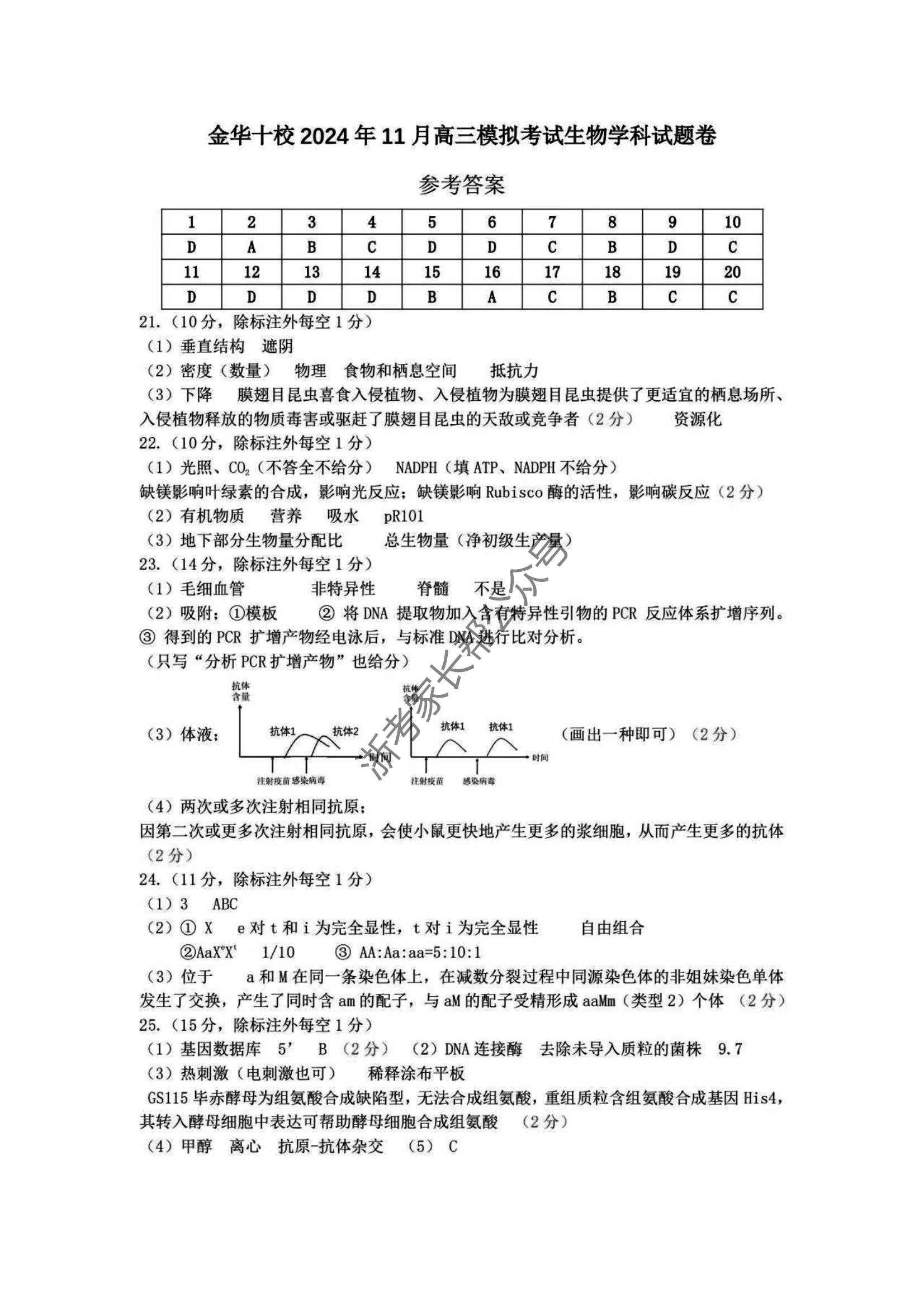 浙江省2025届高三金华十校一模生物试题及答案