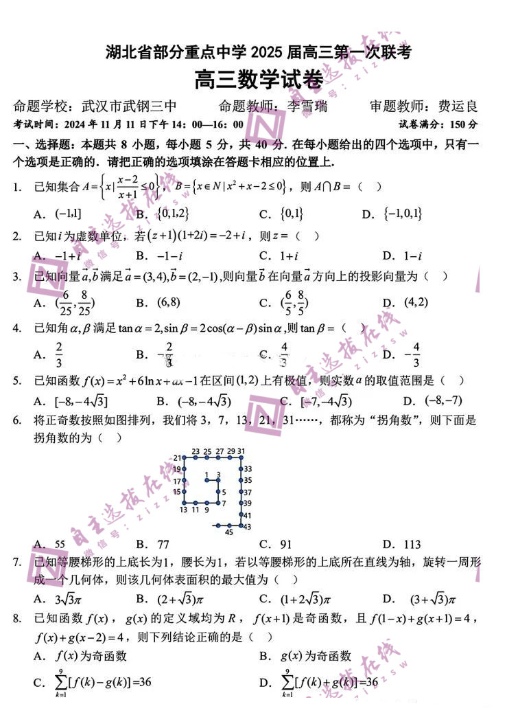 湖北省部分重点中学2025届高三第一次联考数学试题及答案