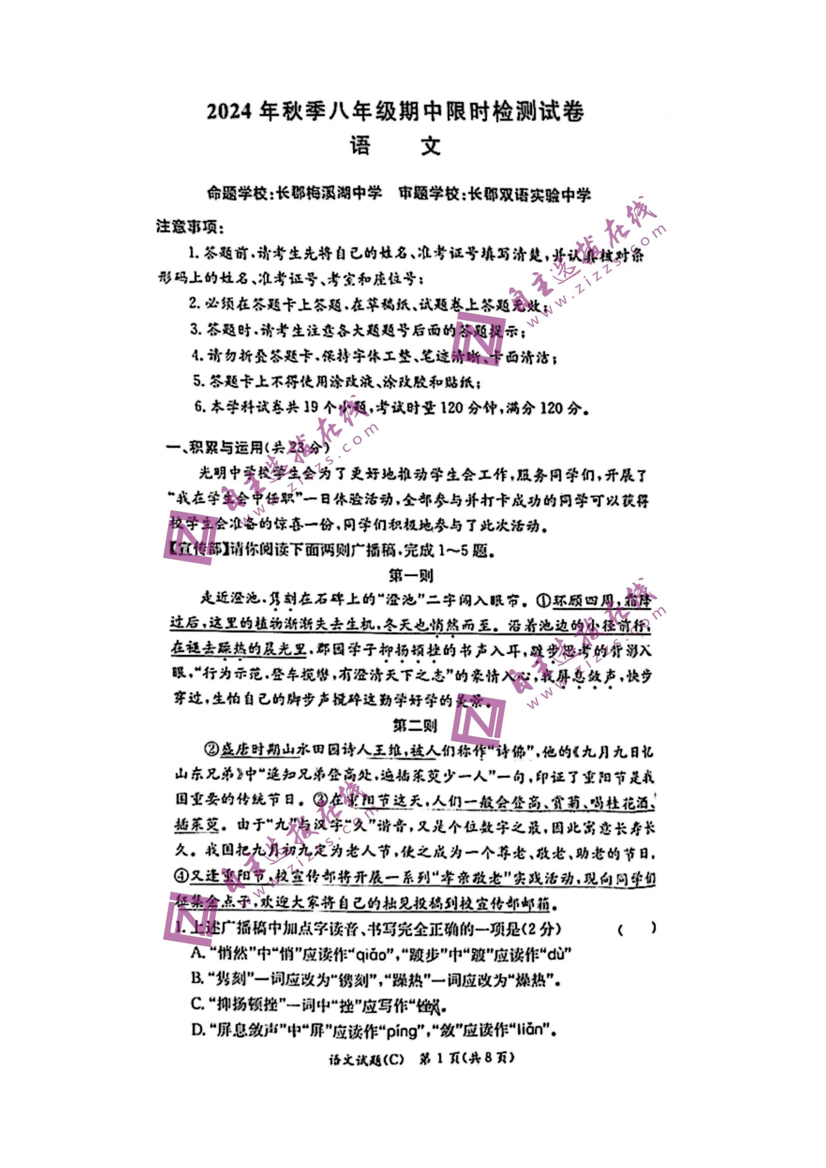 2024-2025学年长郡教育集团八年级上学期期中物理试卷及答案-副本