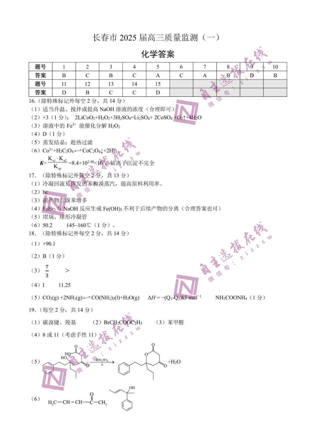 2025届高三长春一模化学试题及参考答案