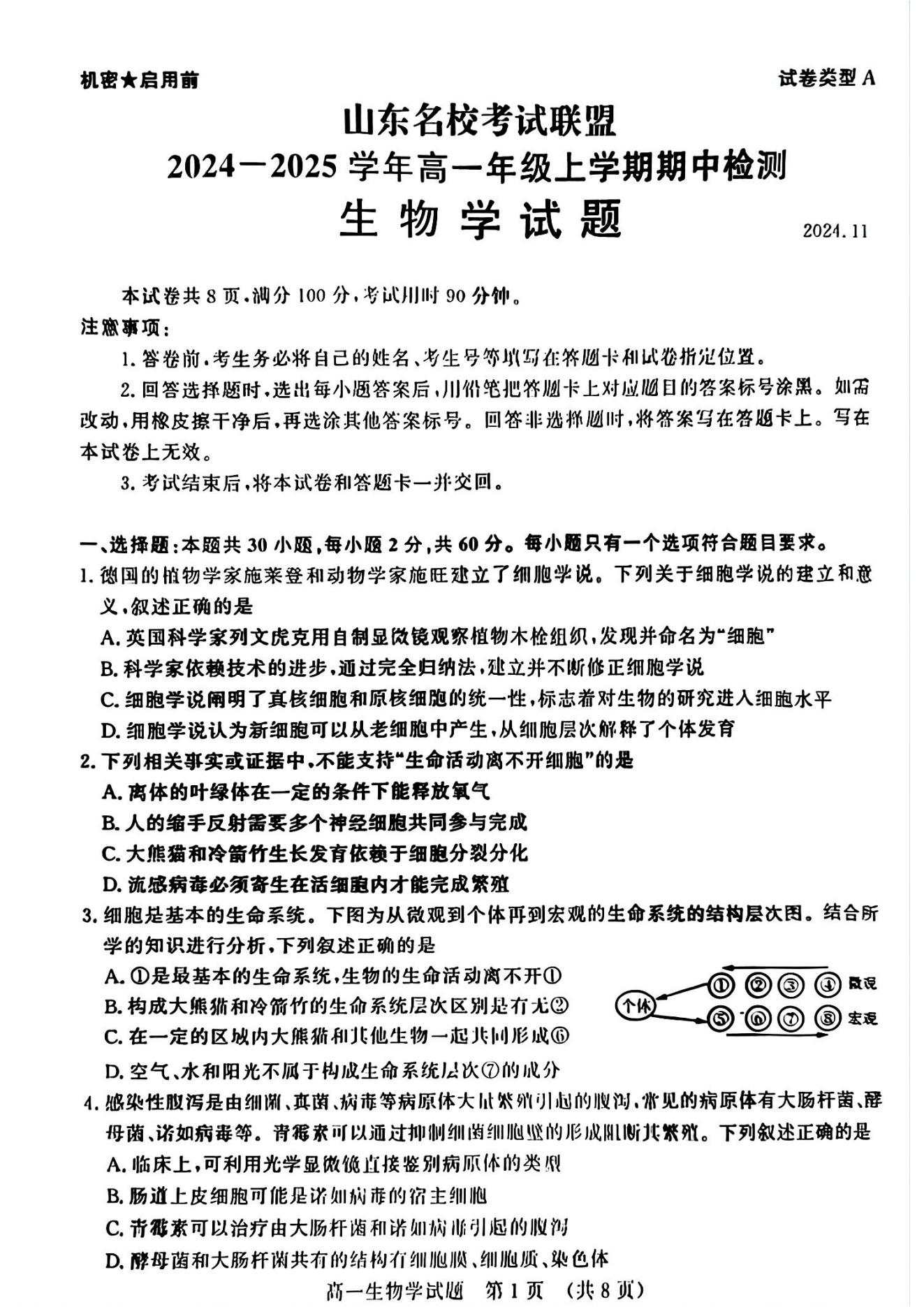 山东名校考试联盟2024年济南高一期中检测生物试题及答案