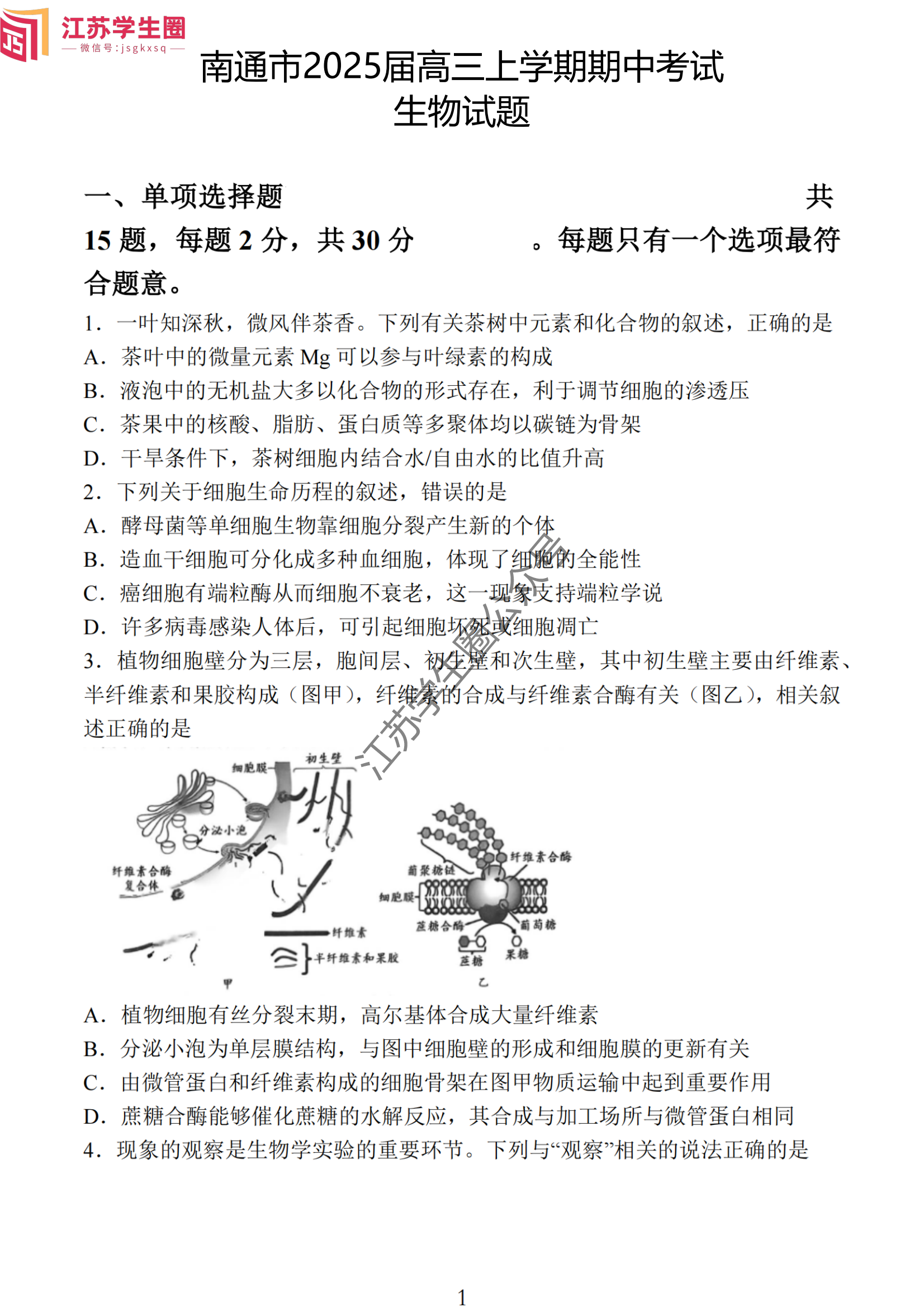 2024年11月江苏南通高三期中考试生物试题及答案