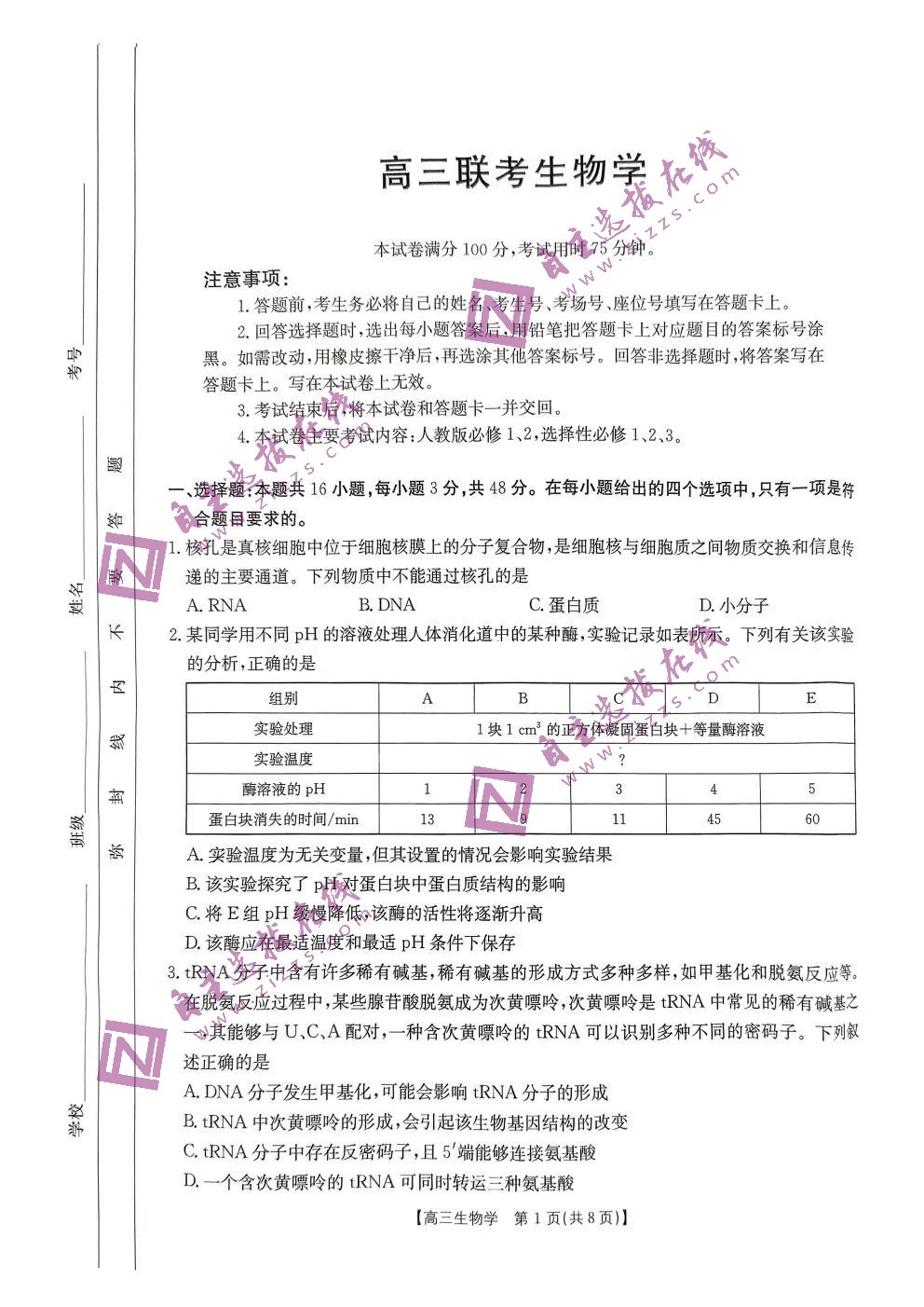 金太阳2025届高三上学期11月联考生物试题及答案