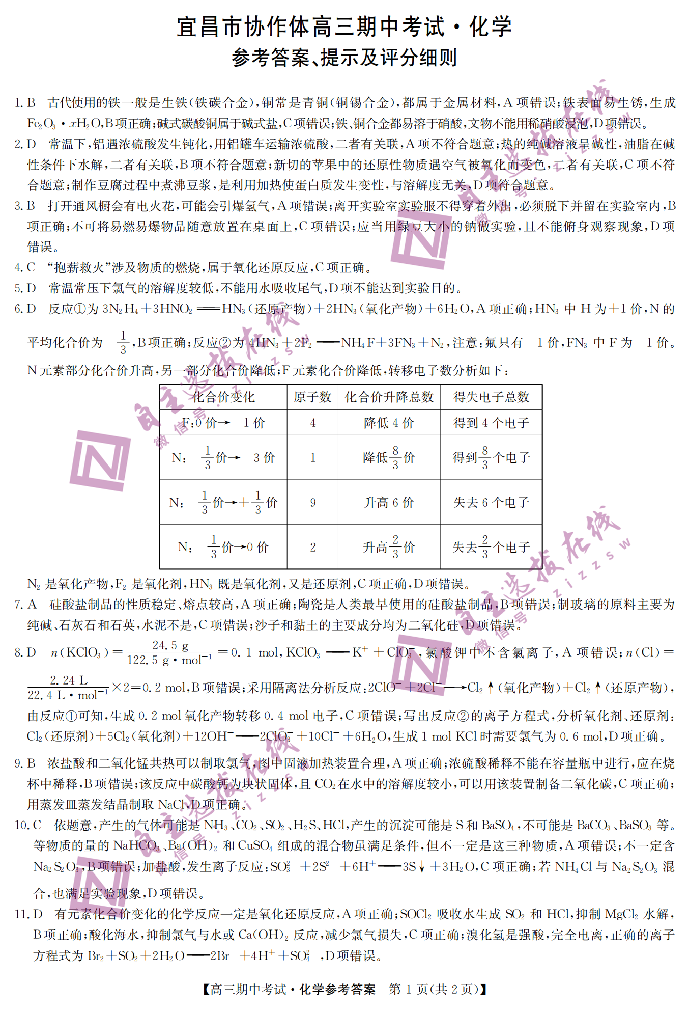 九师联盟宜昌协作体2025届高三期中考试化学试题及答案