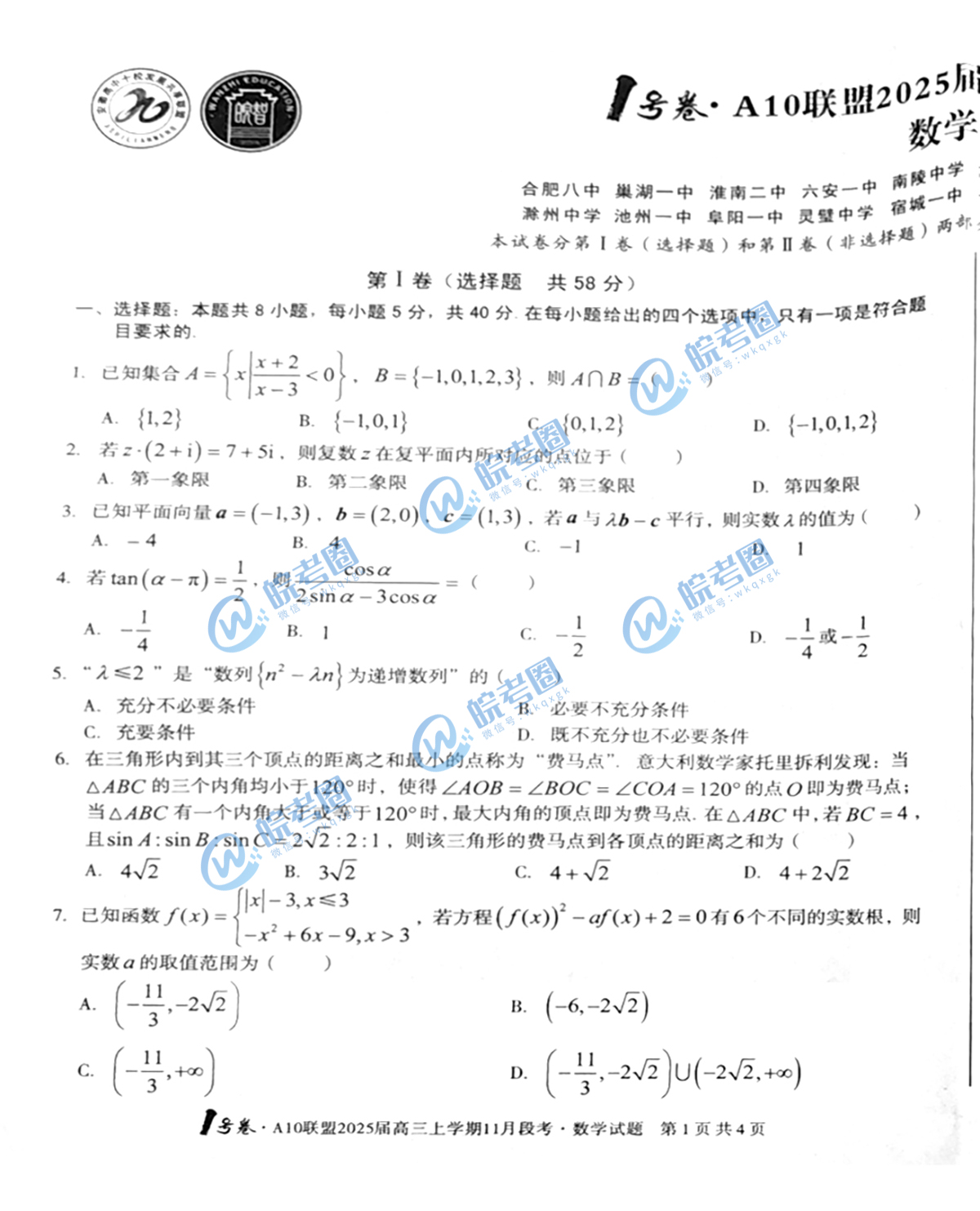 安徽省A10联盟2025届高三11月联考数学试题和答案