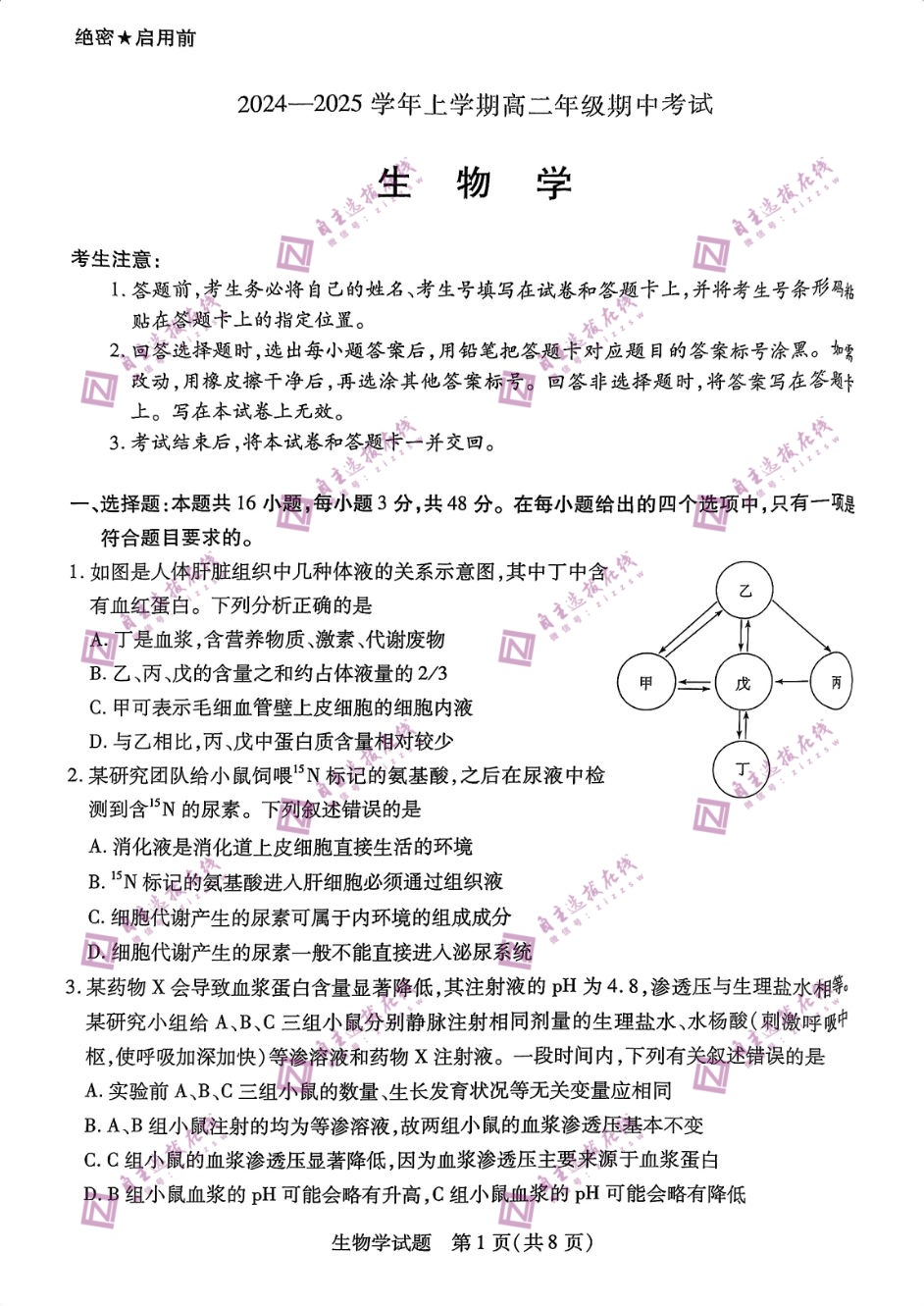 河南天一大联考2024-2025学年(上)高二期中联考生物试题及答案