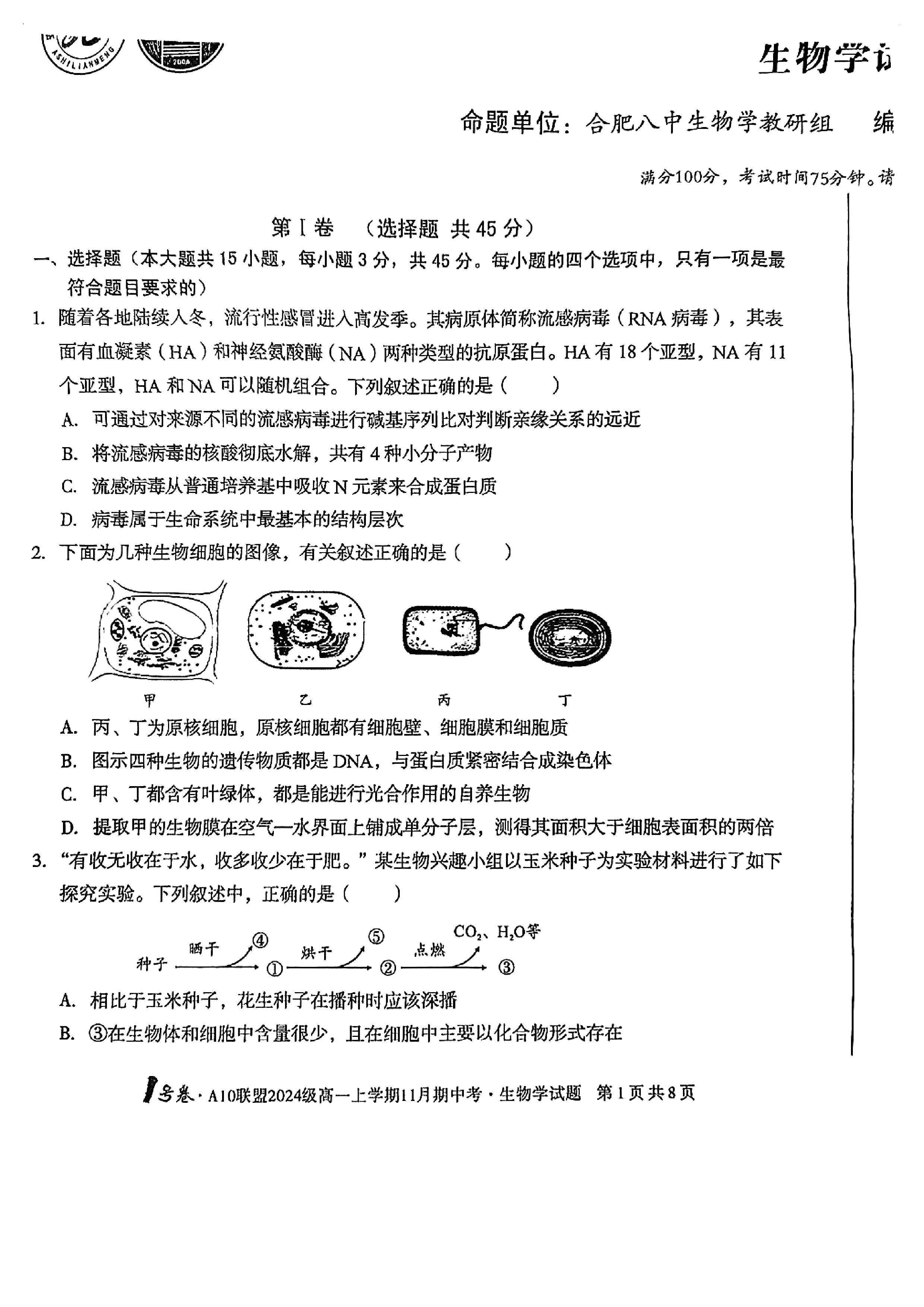 安徽省2024年1号卷A10联盟高一11月期中联考生物试题及答案