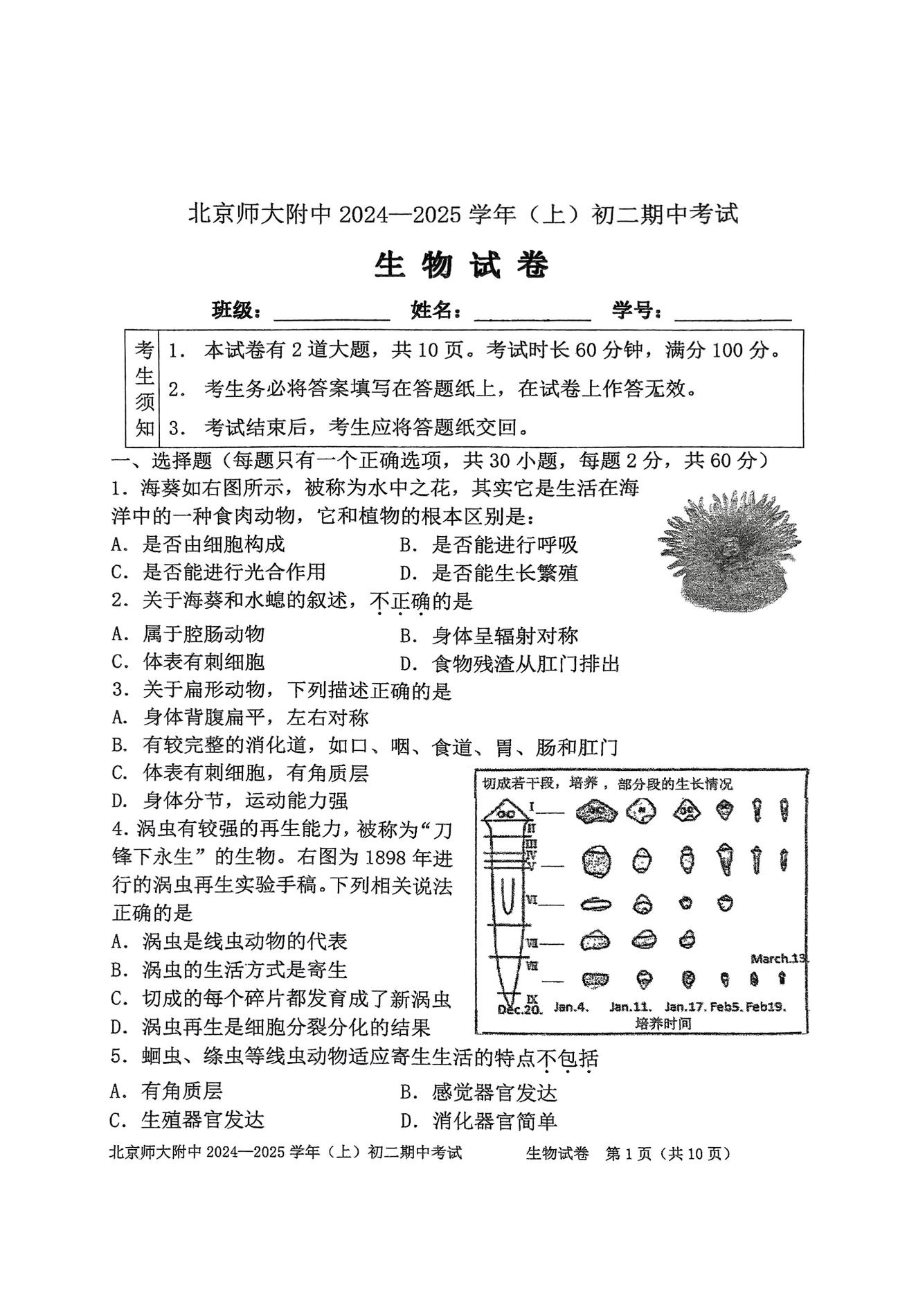 北京北师大附中2024-2025学年初二(上)期中考试生物试题