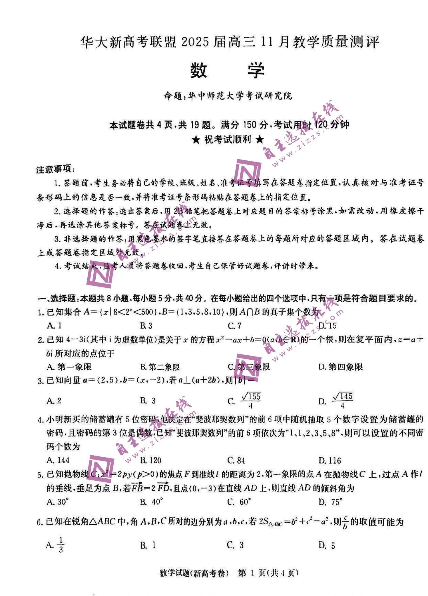 华大新高考联盟2025届高三11月测评数学试题及答案（新高考卷）