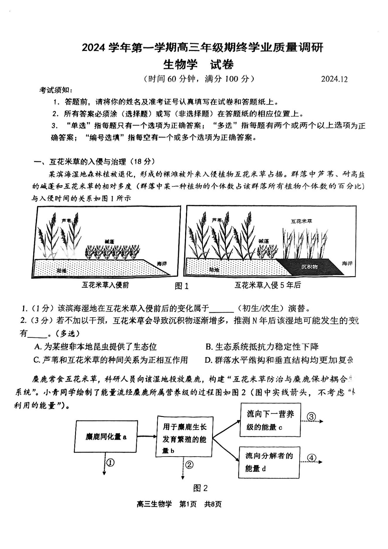 上海青浦区2025届高三一模生物试题及答案