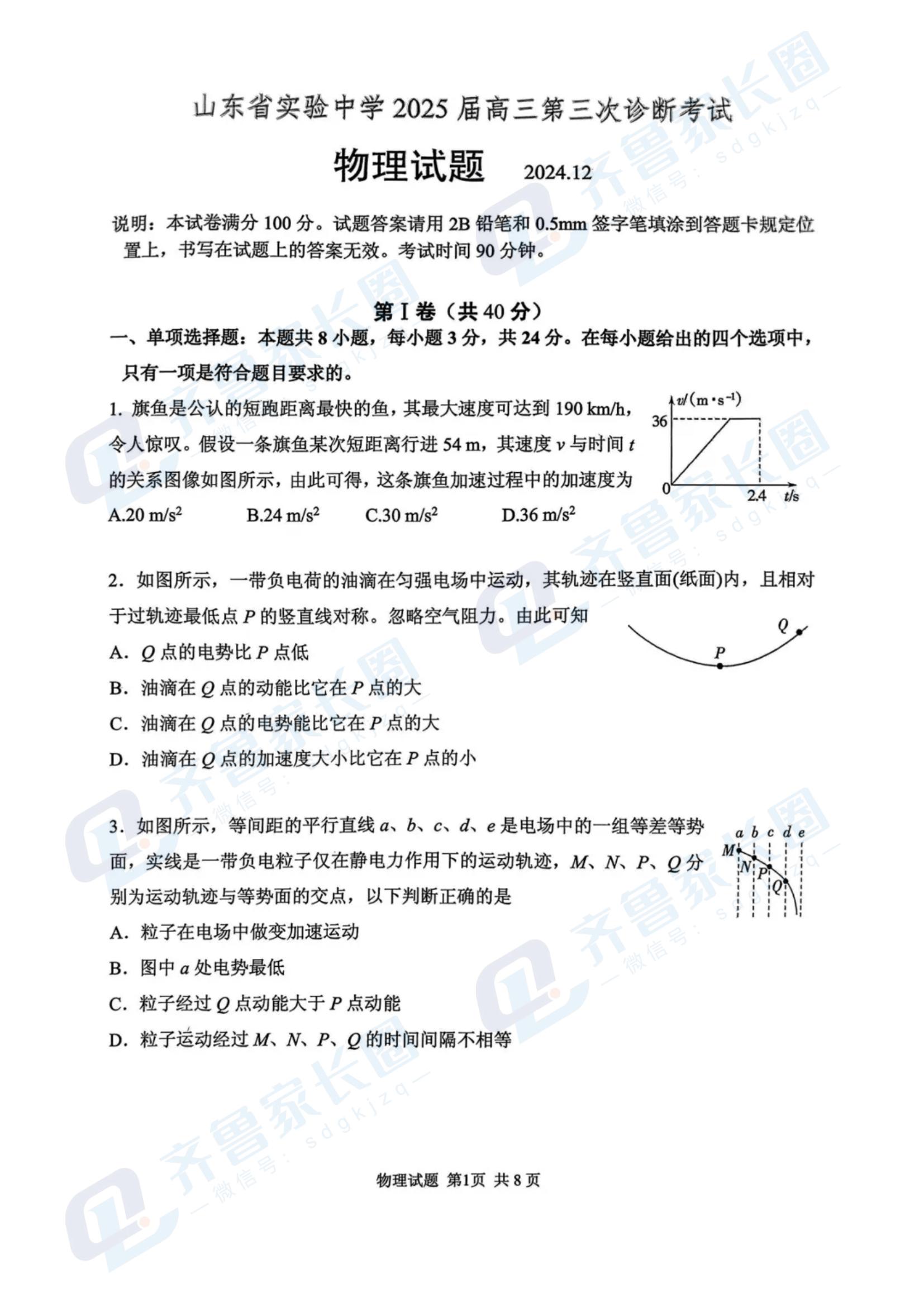 山东省实验中学2025届高三第三次诊断考试物理试题及答案