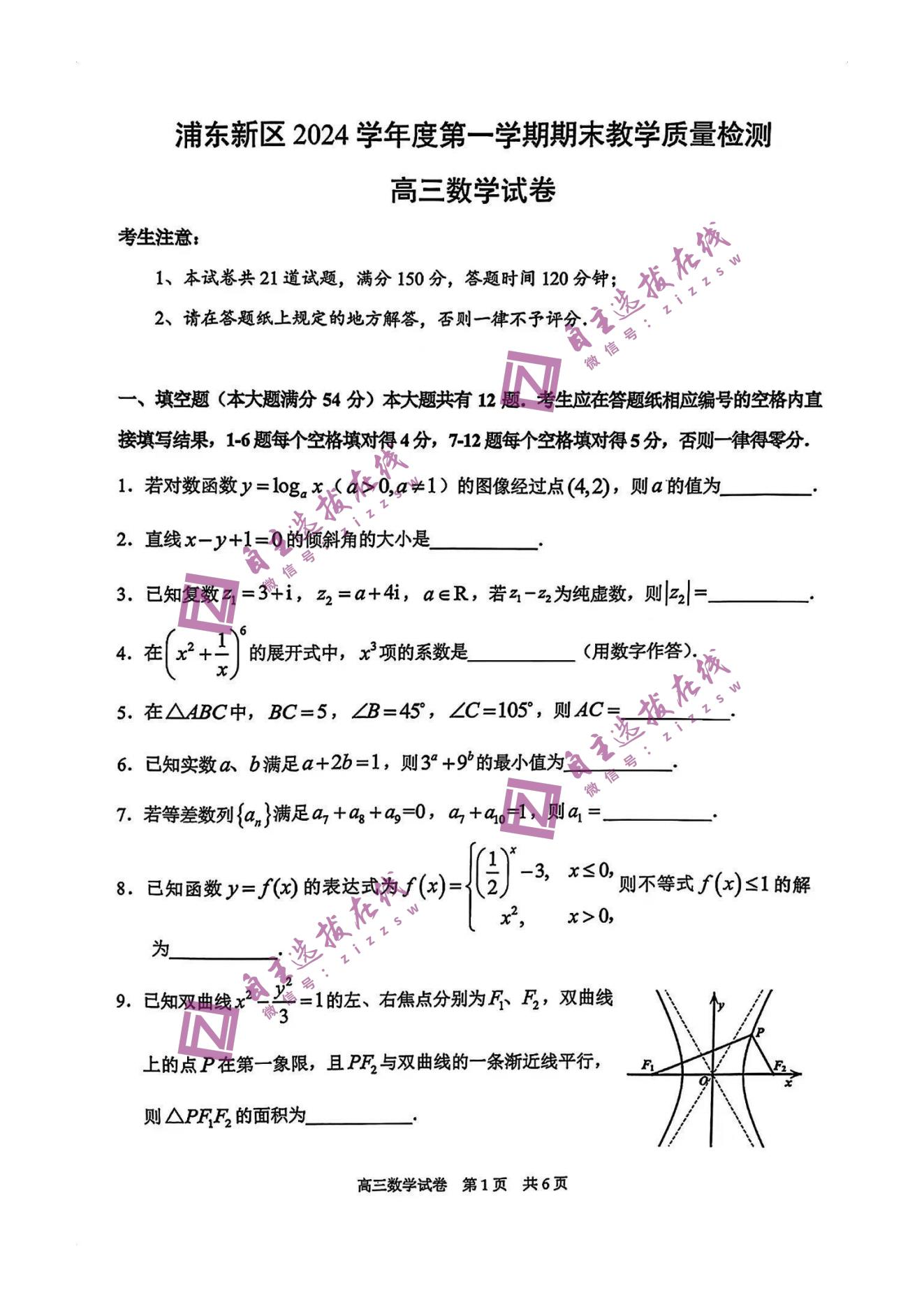 上海浦东新区2025届高三一模数学试题及答案