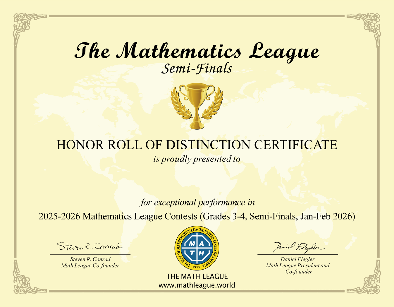 　3-4年级组"Honor Roll of Distinction Certificate"证书(优异证书)