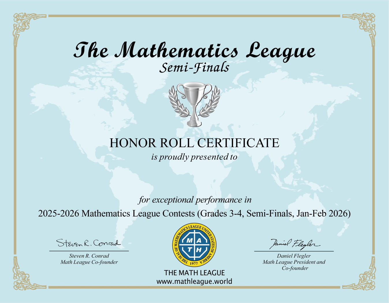 3-4年级组"Honor Roll Certificate"证书(优秀证书)