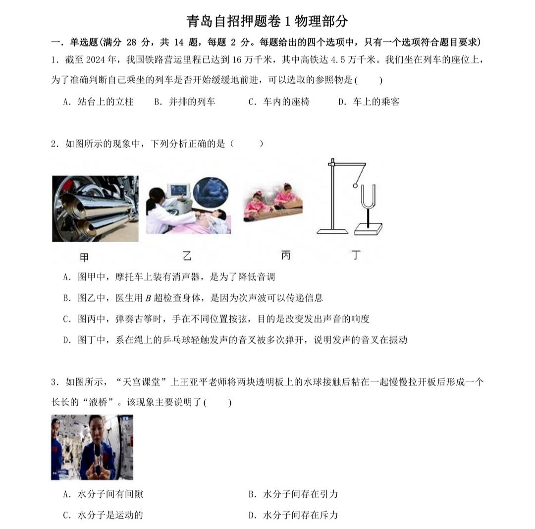 2026年青岛市九年级自主招生押题卷物理试题