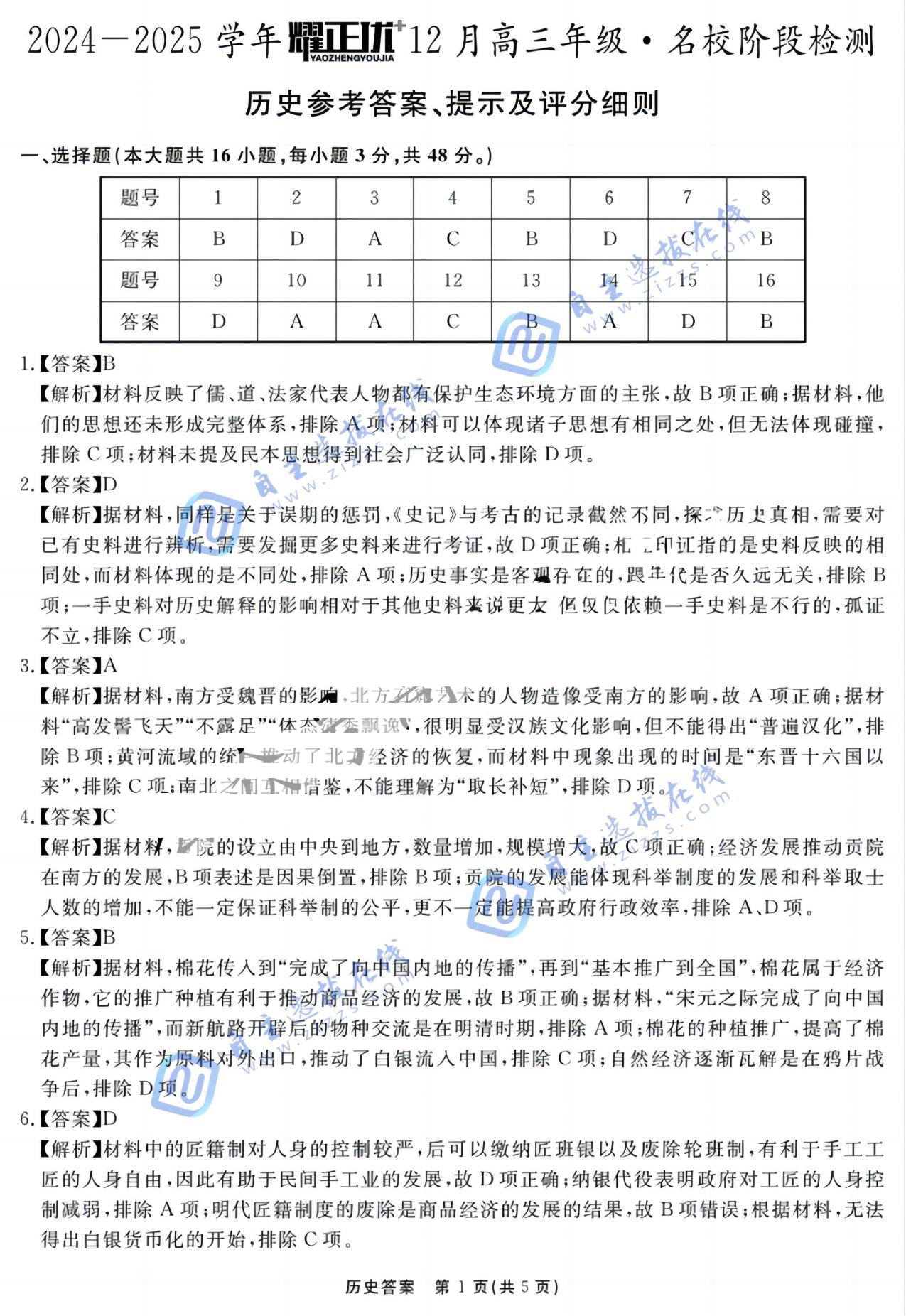 安徽省2025届高三耀正优+12月联考历史试题和答案