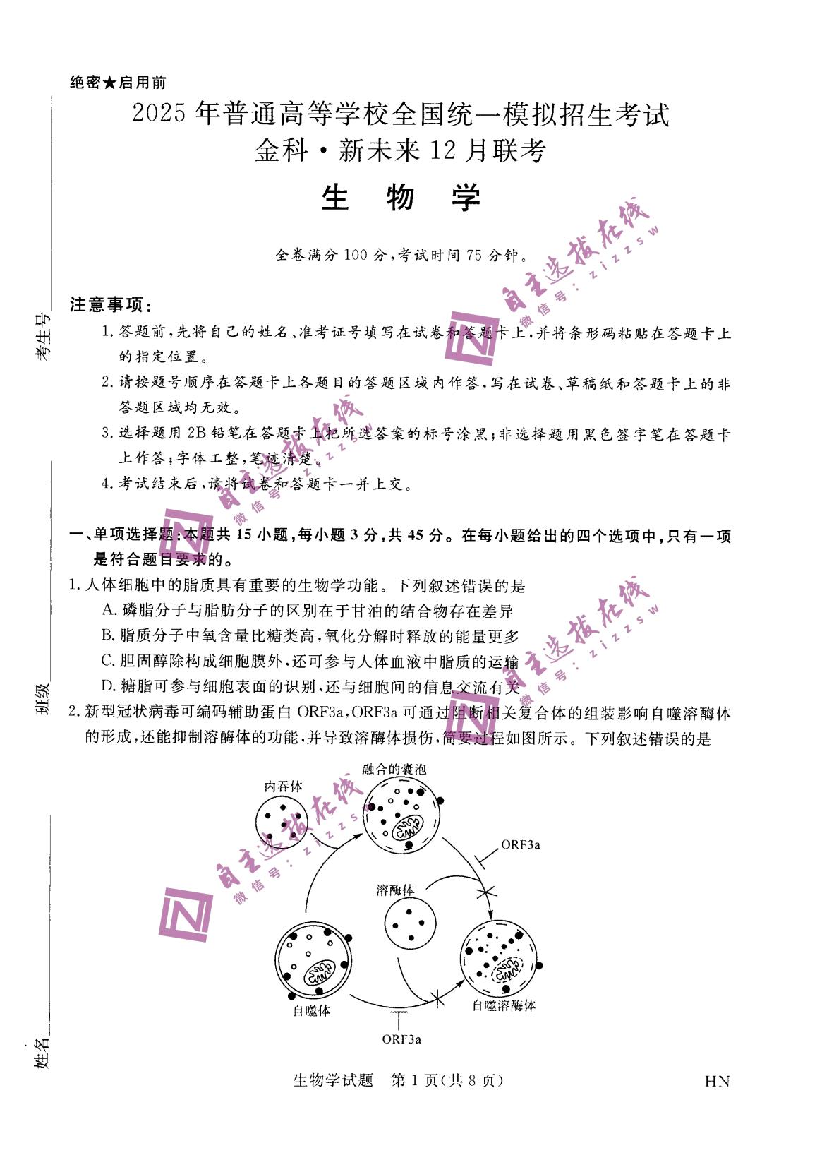 金科新未来大联考2025届高三12月质量检测生物试题及答案