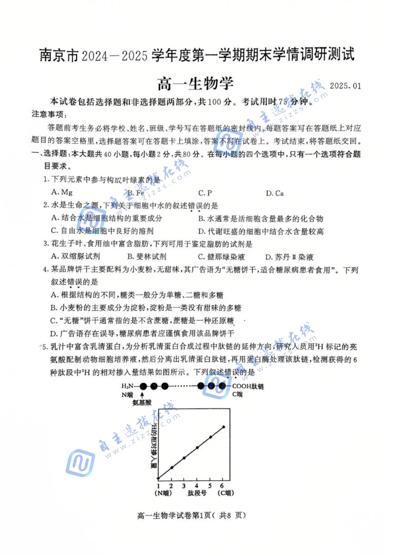 南京市2024-2025学年度第一学期期末上午试题及答案