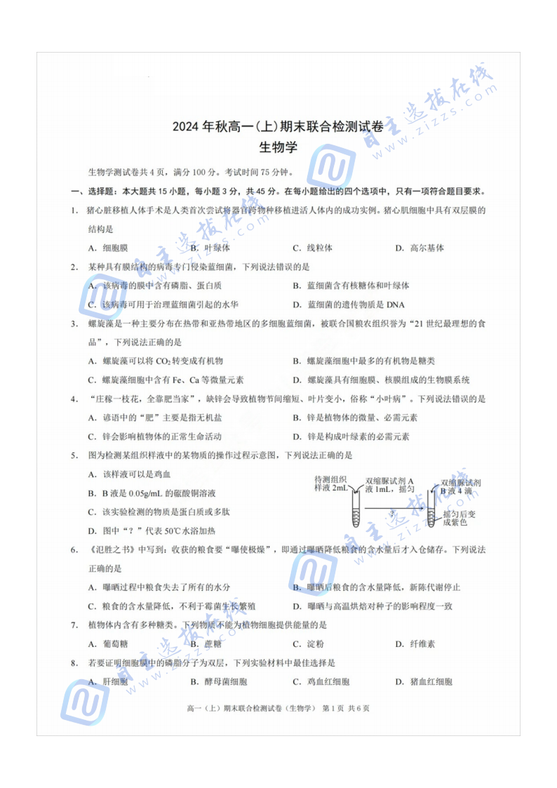 重庆市2024年秋高一(上)期末联合检测（康德卷）生物试题及答案