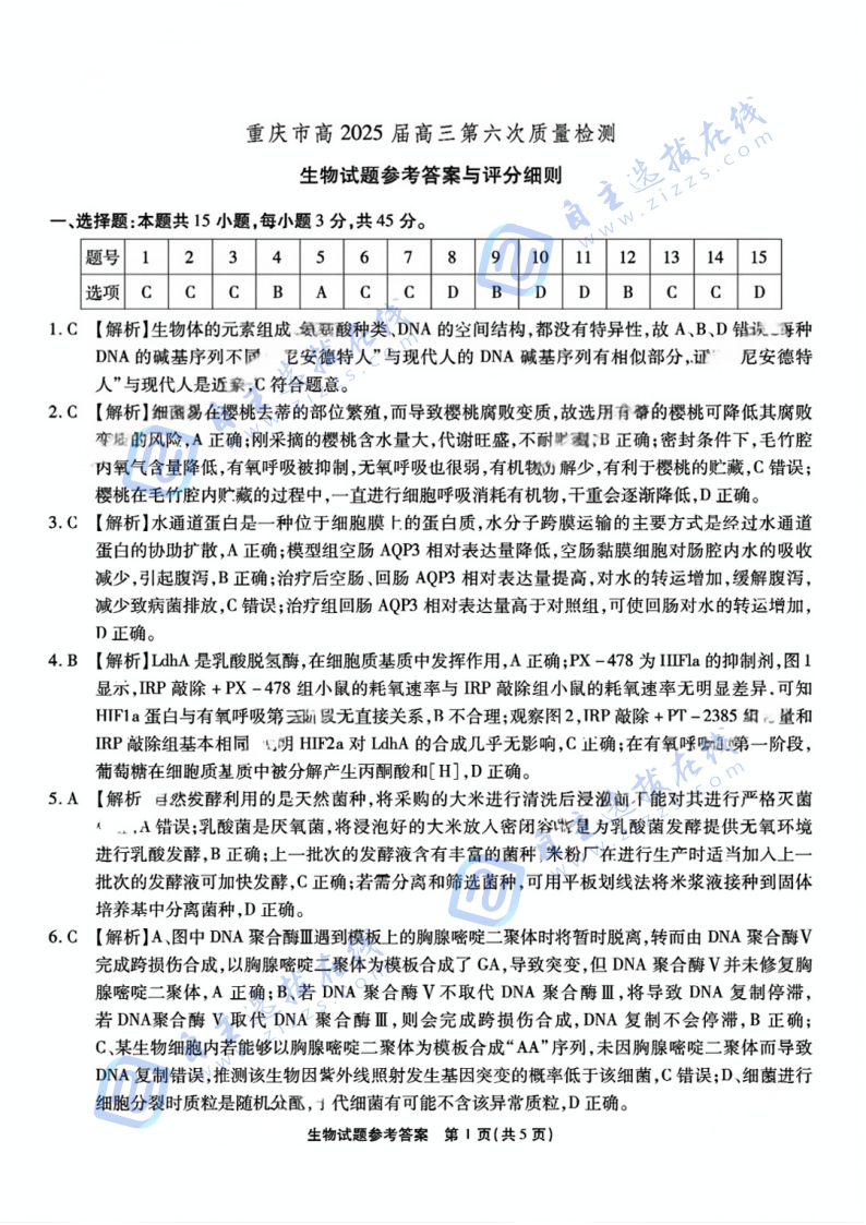 重庆市南开中学高2025届高三第六次质量检测生物试题及答案