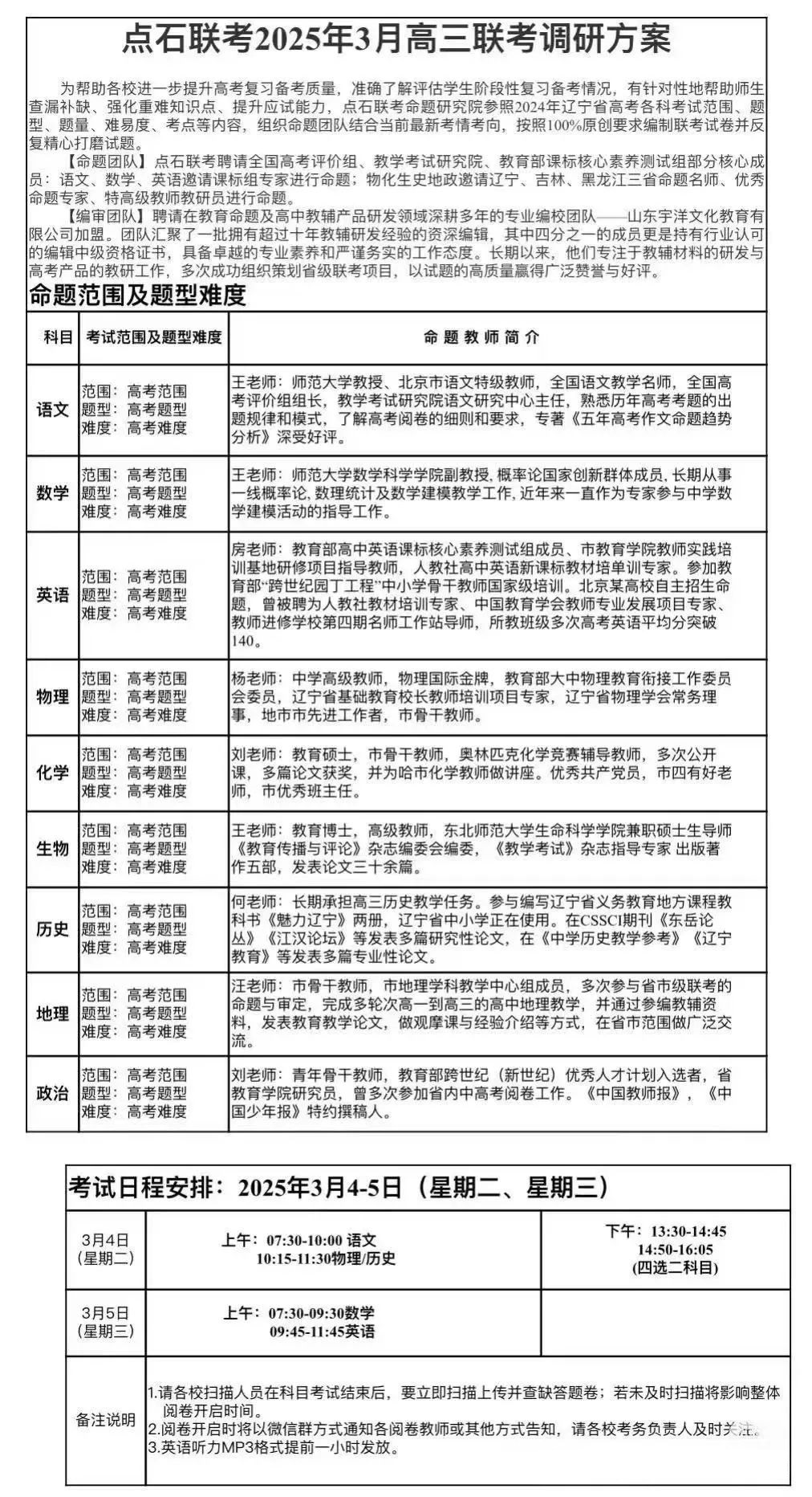 辽宁点石联考2025年3月高三联考考试安排