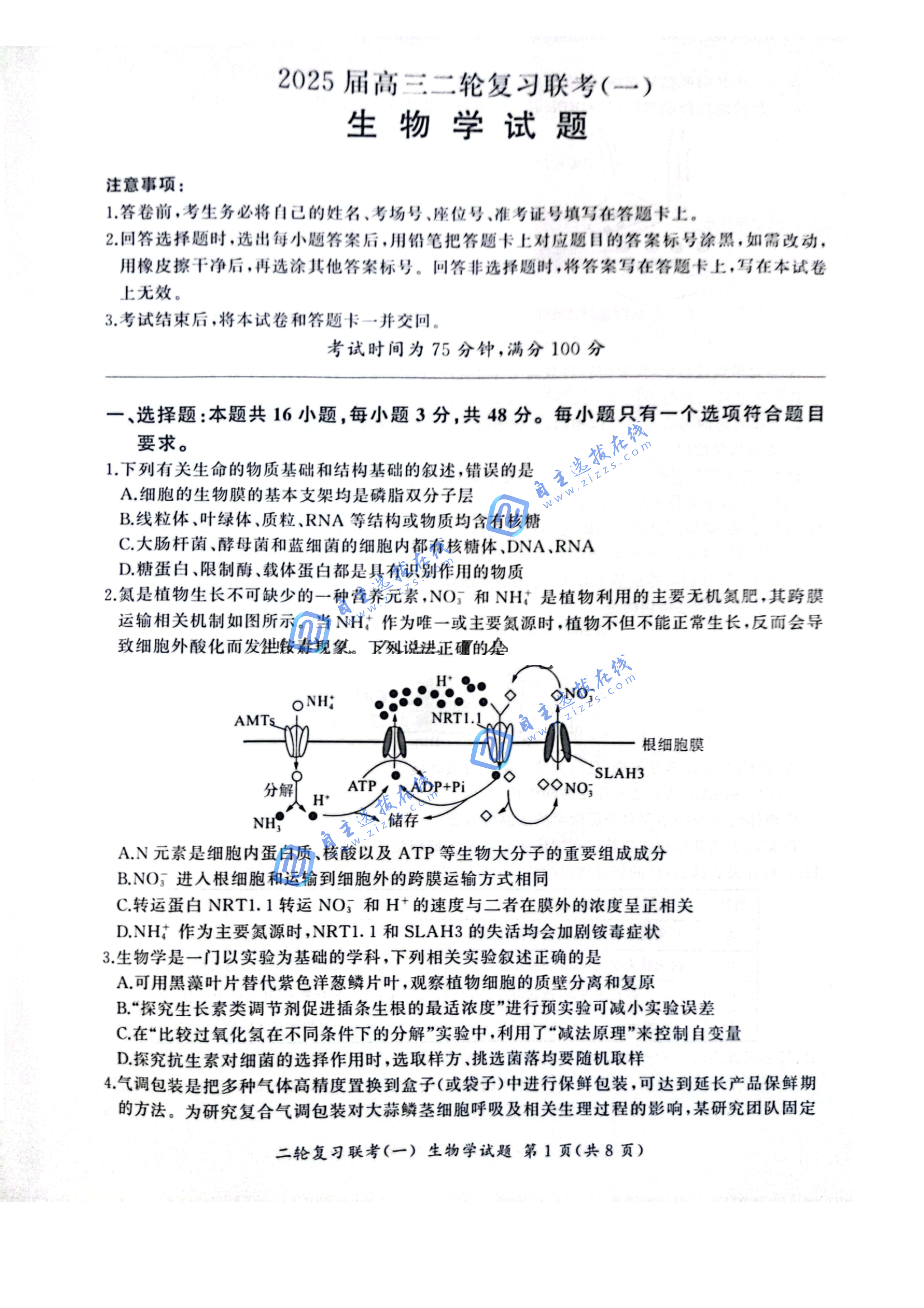 百师联盟2025届高三二轮复习(一)联考生物试题及答案（河南卷）