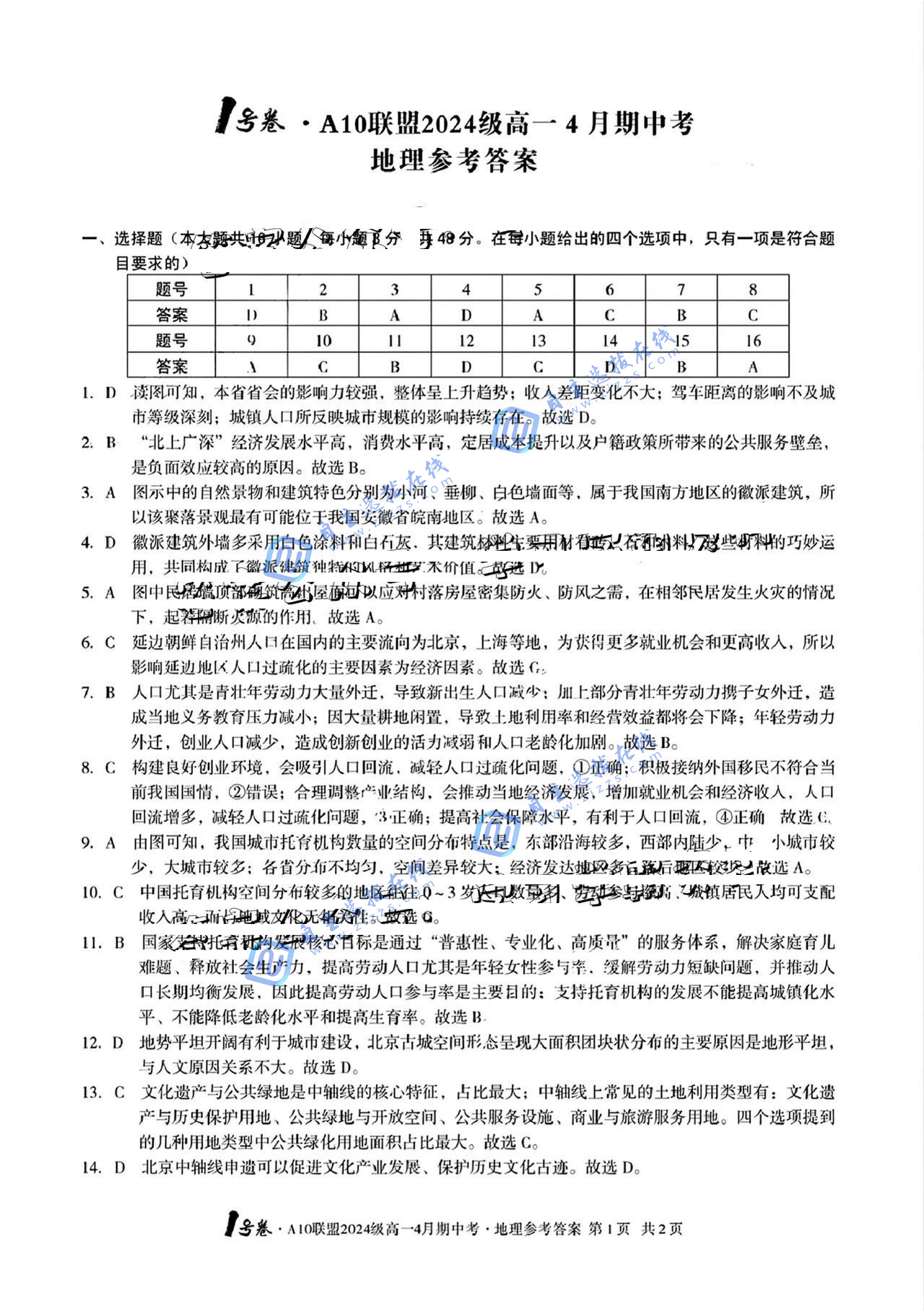 1号卷A10联盟2025年高一4月期中考地理试题及答案