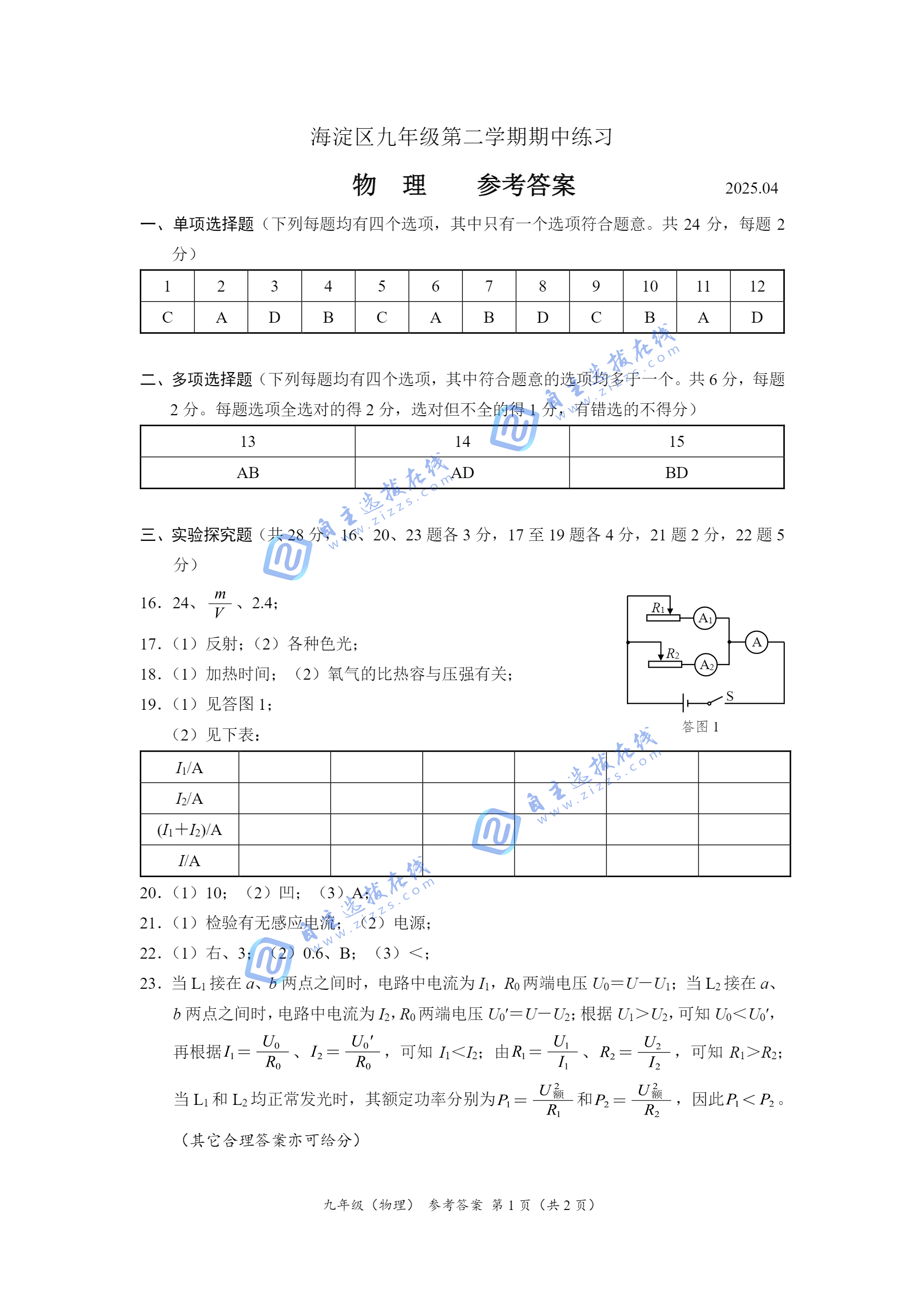 2025年北京海淀區(qū)初三一模物理試題及答案