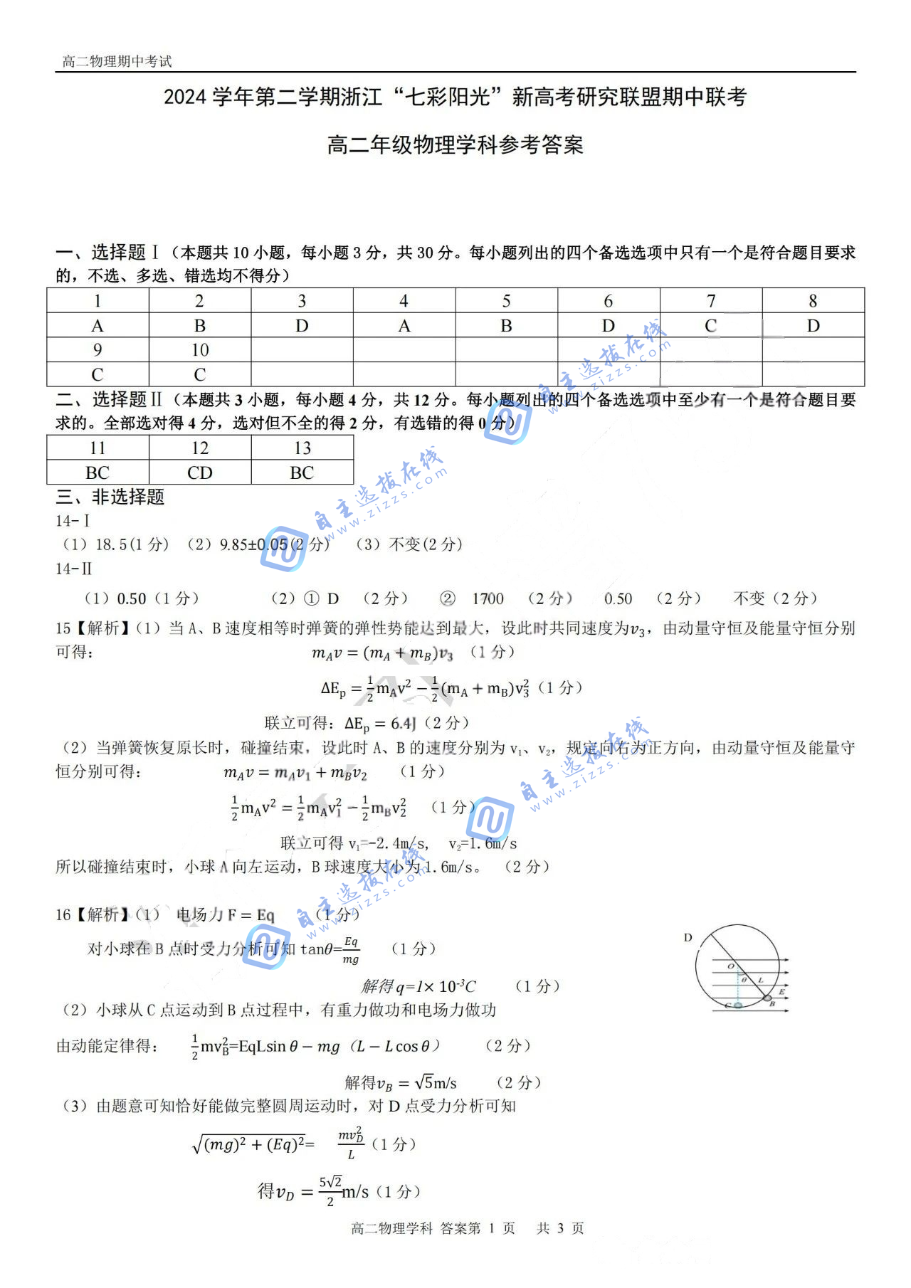 浙江“七彩阳光”新高考研究联盟2024-2025学年第二学期高二期中物理试题及答案