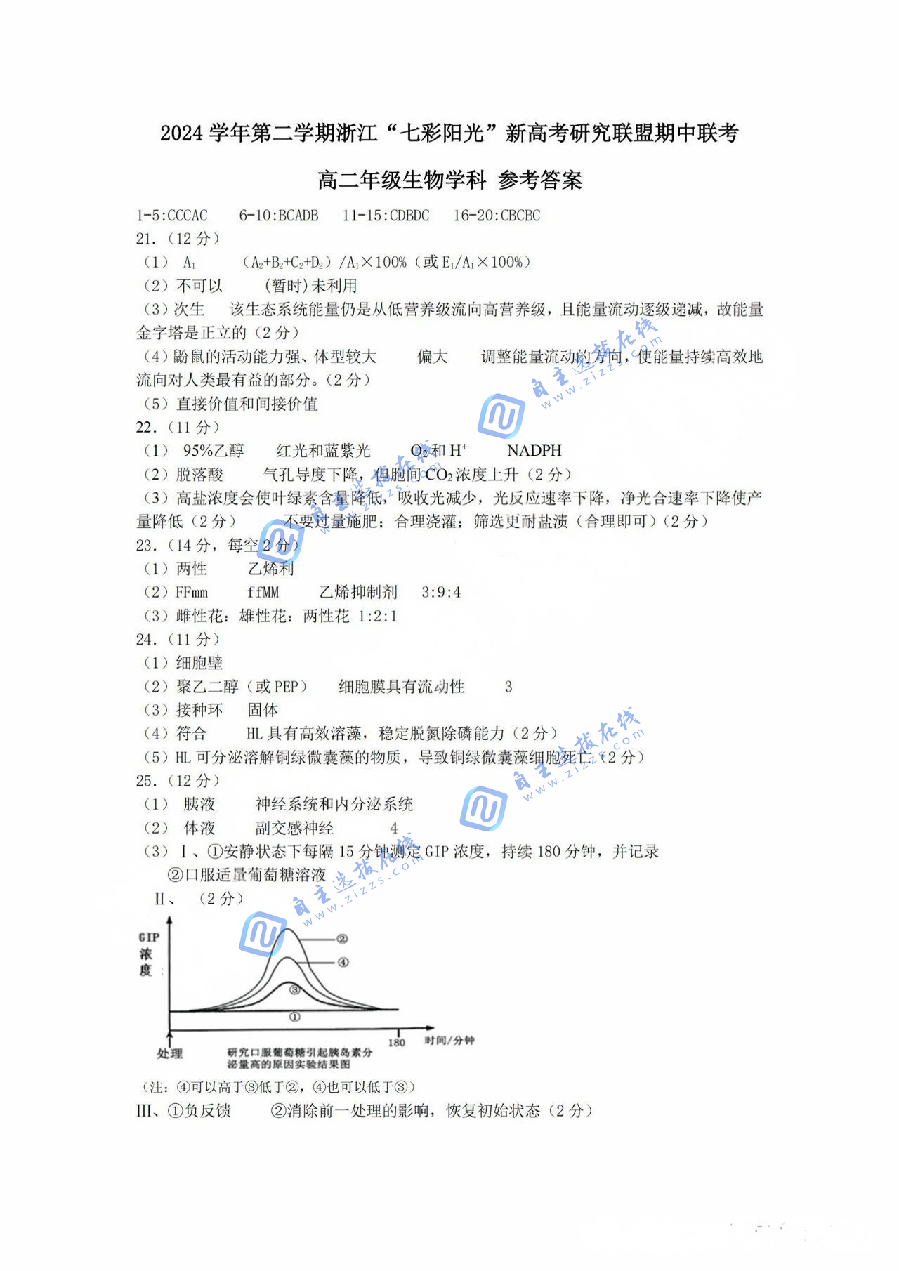 浙江“七彩阳光”新高考研究联盟2024-2025学年第二学期高二期中生物试题及答案