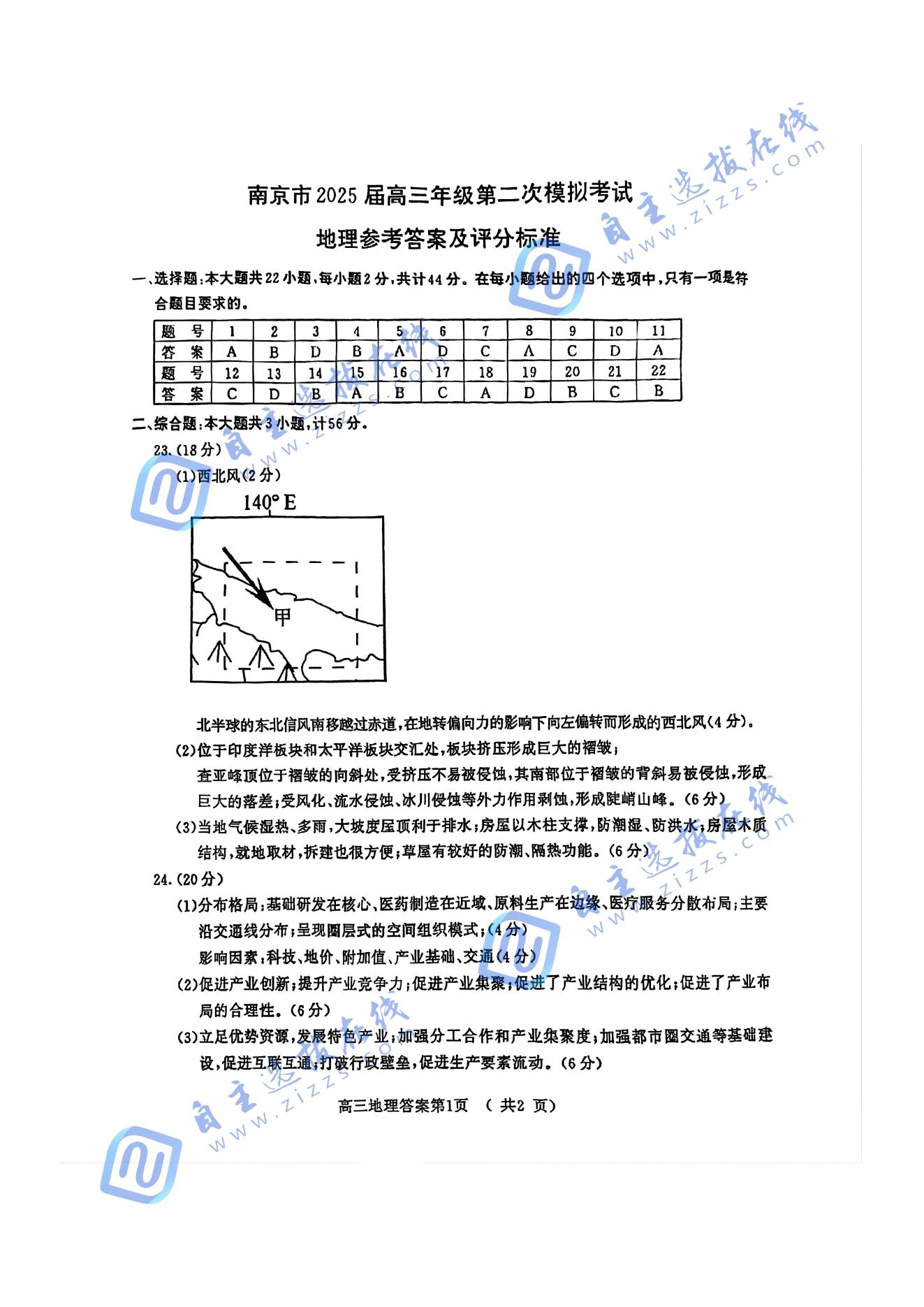 2025届高三江苏南京二模考试地理试题及答案
