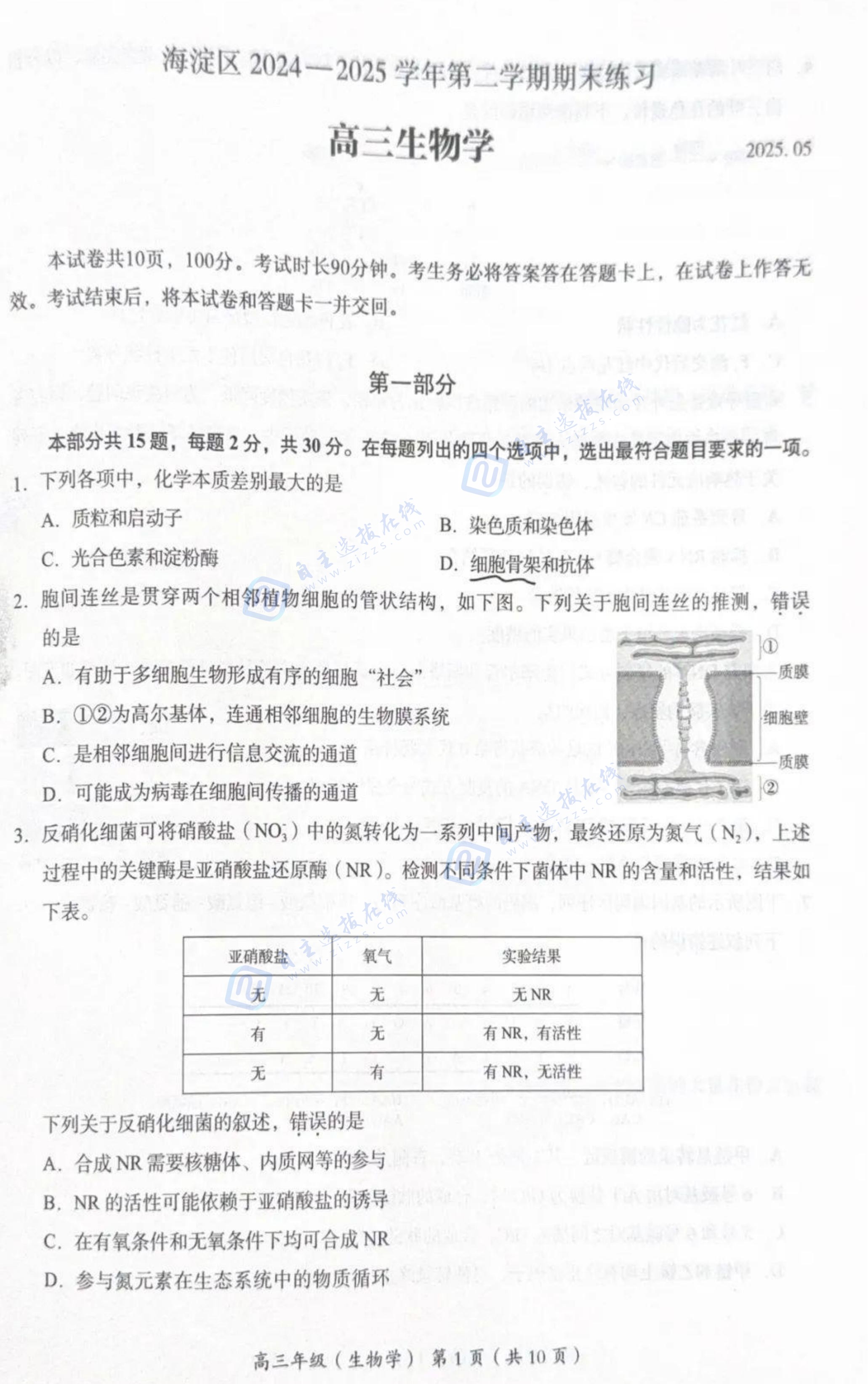 2025年北京海淀高三二模生物試題及答案