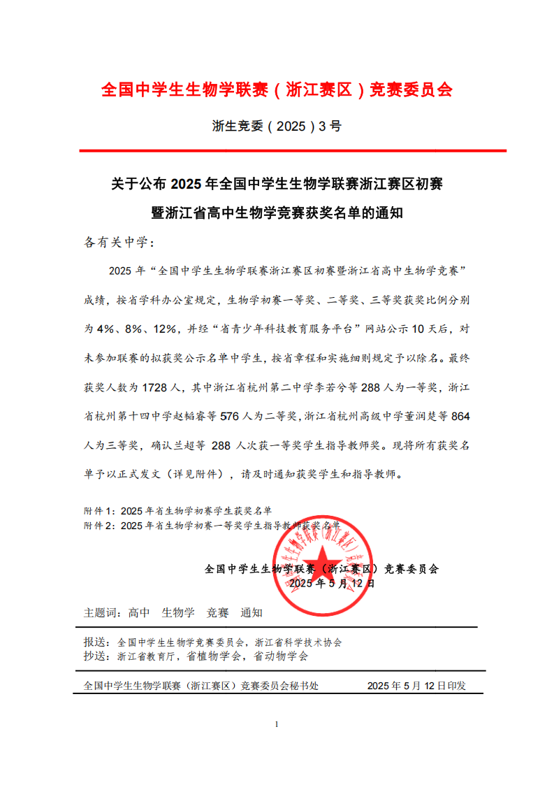 2025年全国中学生生物学联赛初赛浙江赛区获奖名单
